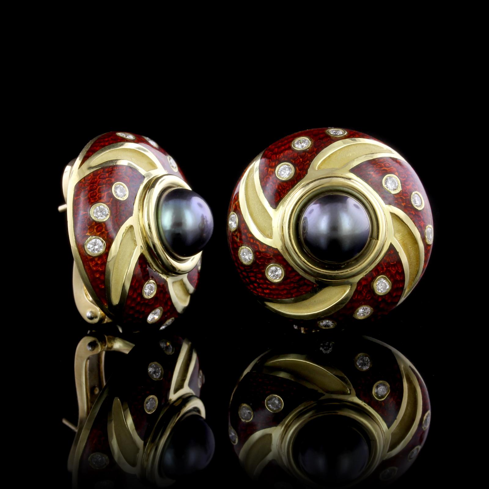 Mavito 18K Yellow Gold, Black Pearl, Enamel and Diamond Pinwheel Earrings. The earrings are set with two black pearls each measuring 8.00mm., 22 full cut diamonds, approx. total wt. .36cts., GH color, VS2-SI1 clarity, with red enamel accents, length