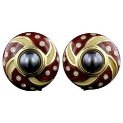 Mavito 18 Karat Yellow Gold, Black Pearl, Enamel and Diamond Pinwheel Earrings