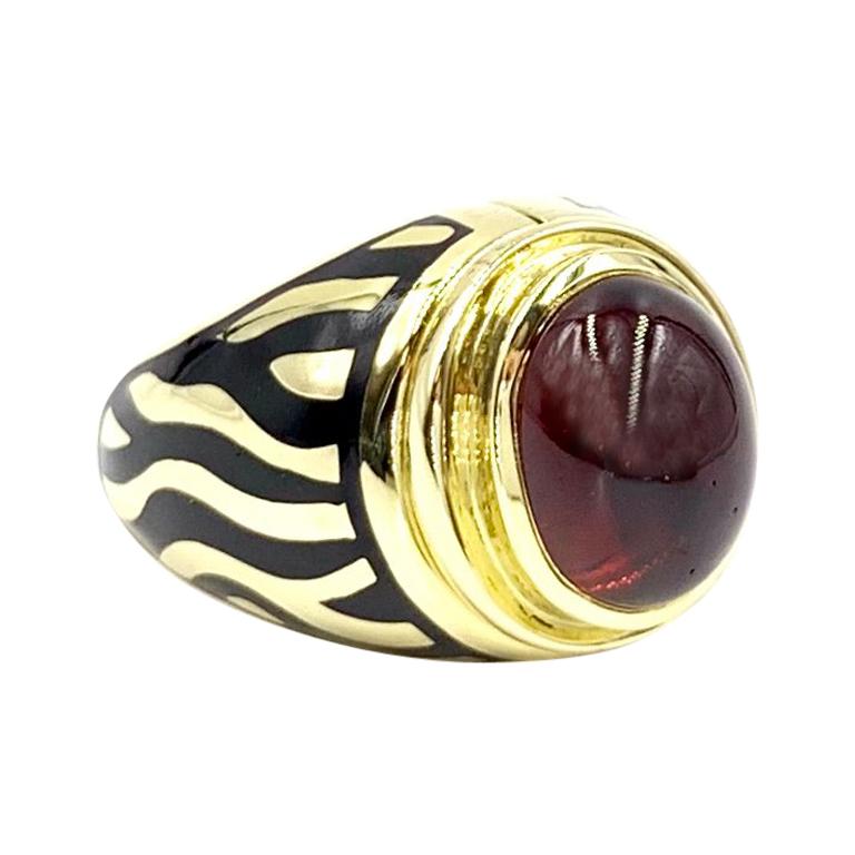 Mavito 18 Karat Zebra Enamel and Garnet Ring For Sale