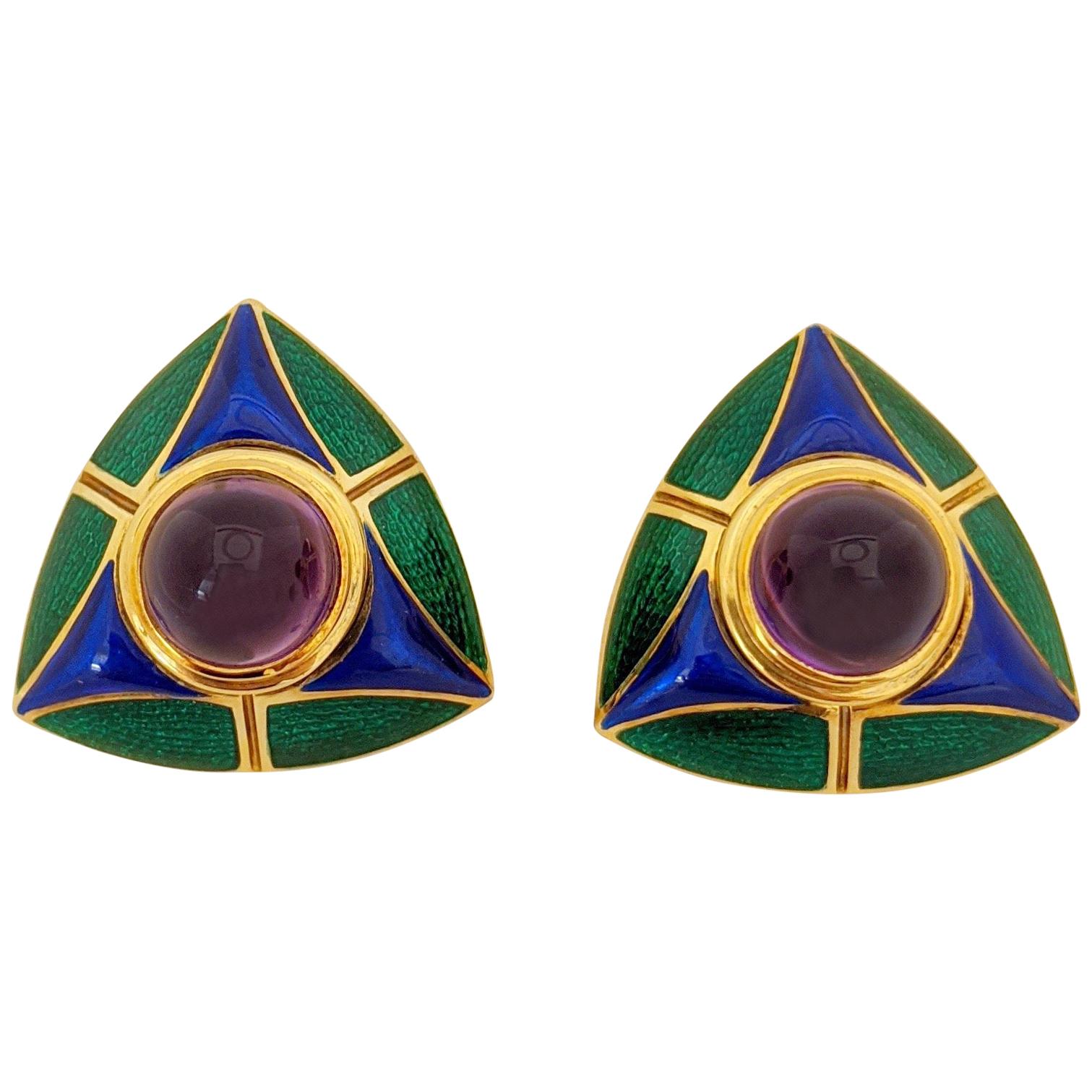Mavito 18 Karat Yellow Gold Earrings with Amethyst Center, Blue and Green Enamel For Sale