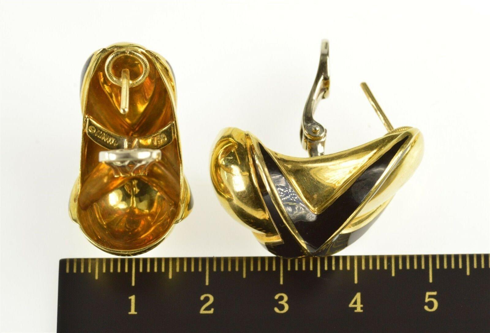 Mavito Black Enamel French Clip Gold Earrings In Excellent Condition For Sale In Frederick, MD