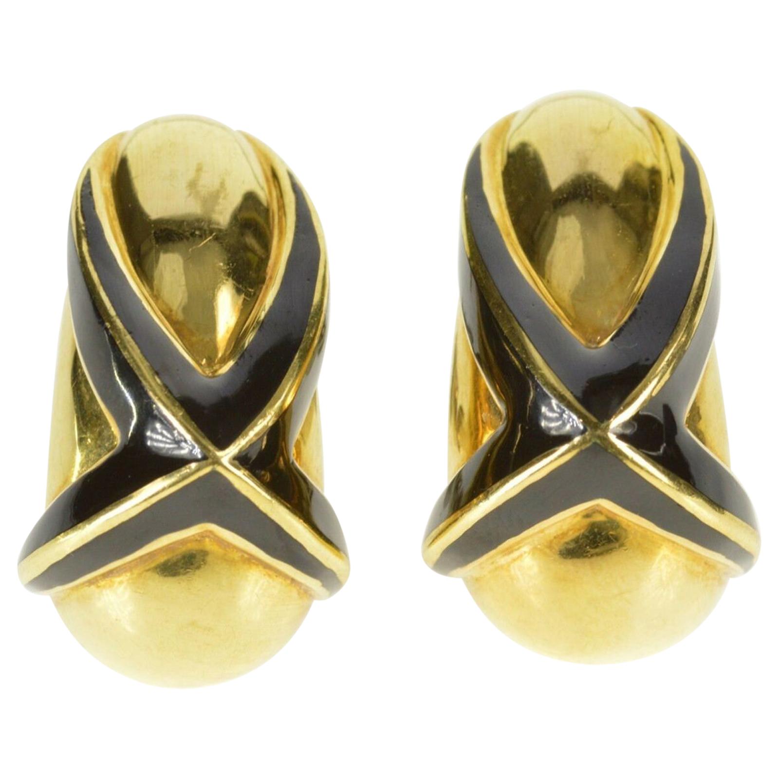 Mavito Black Enamel French Clip Gold Earrings For Sale