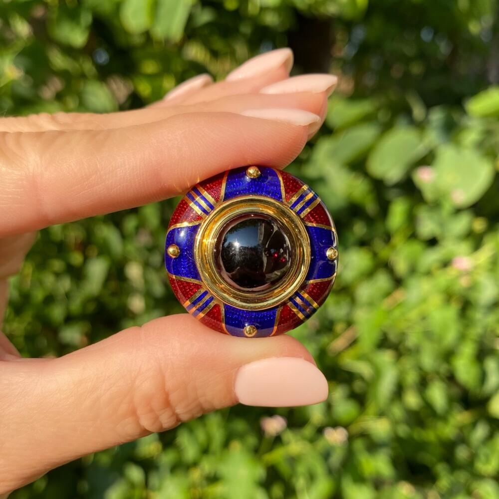 Simply Beautiful! Signed Designer MAVITO Cabochon Rhodolite Garnet, Blue and Dark Red Enamel Clip-on Earrings. Hand crafted in 18K Yellow Gold. Measuring approx. 1.2” Diameter. Marked: MAVITO 750. More Beautiful in real time...Chic and sure to be