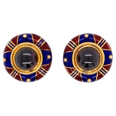 Vintage Mavito Cabochon Rhodolite Garnet Enamel Clip-on Earrings Fine Estate Jewelry
