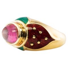 Vintage Mavito Tourmaline Strawberry Ring Enamel Leaves 18K Gold