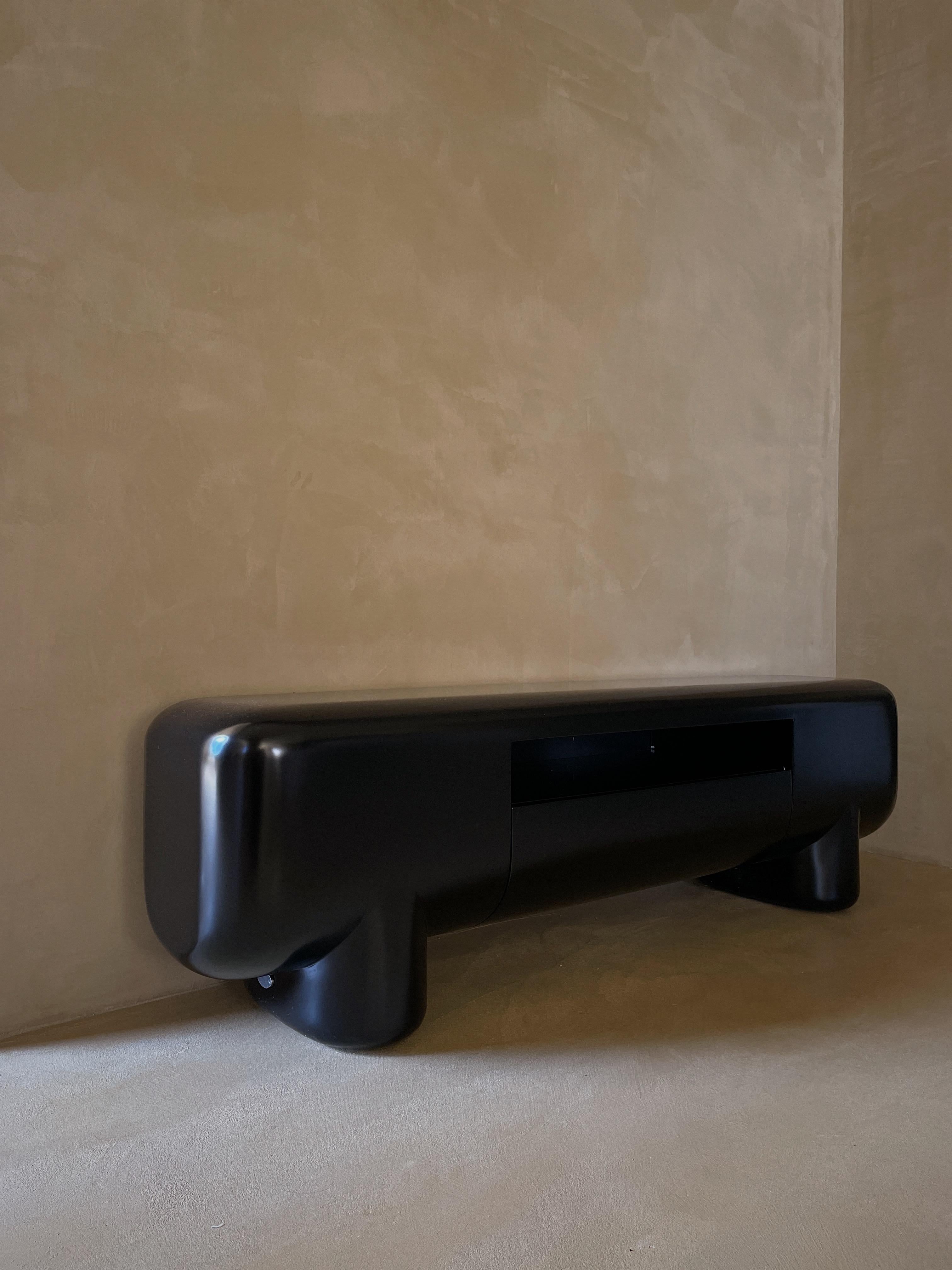 Rounded Rectangular Shape Black Wood Cabinet with Short Legs by kar en venta 2