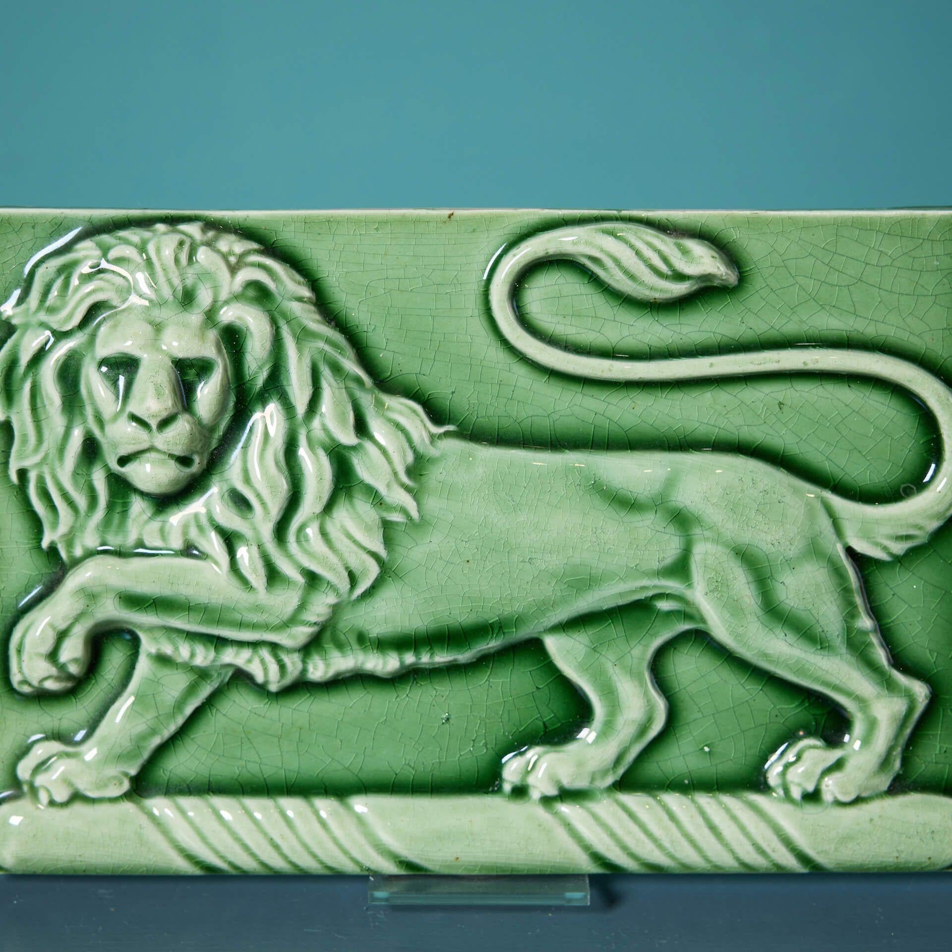 Maw & Co Antique English Green Glazed Lion Tile Ex. Chris Blanchett Collection In Fair Condition For Sale In Wormelow, Herefordshire