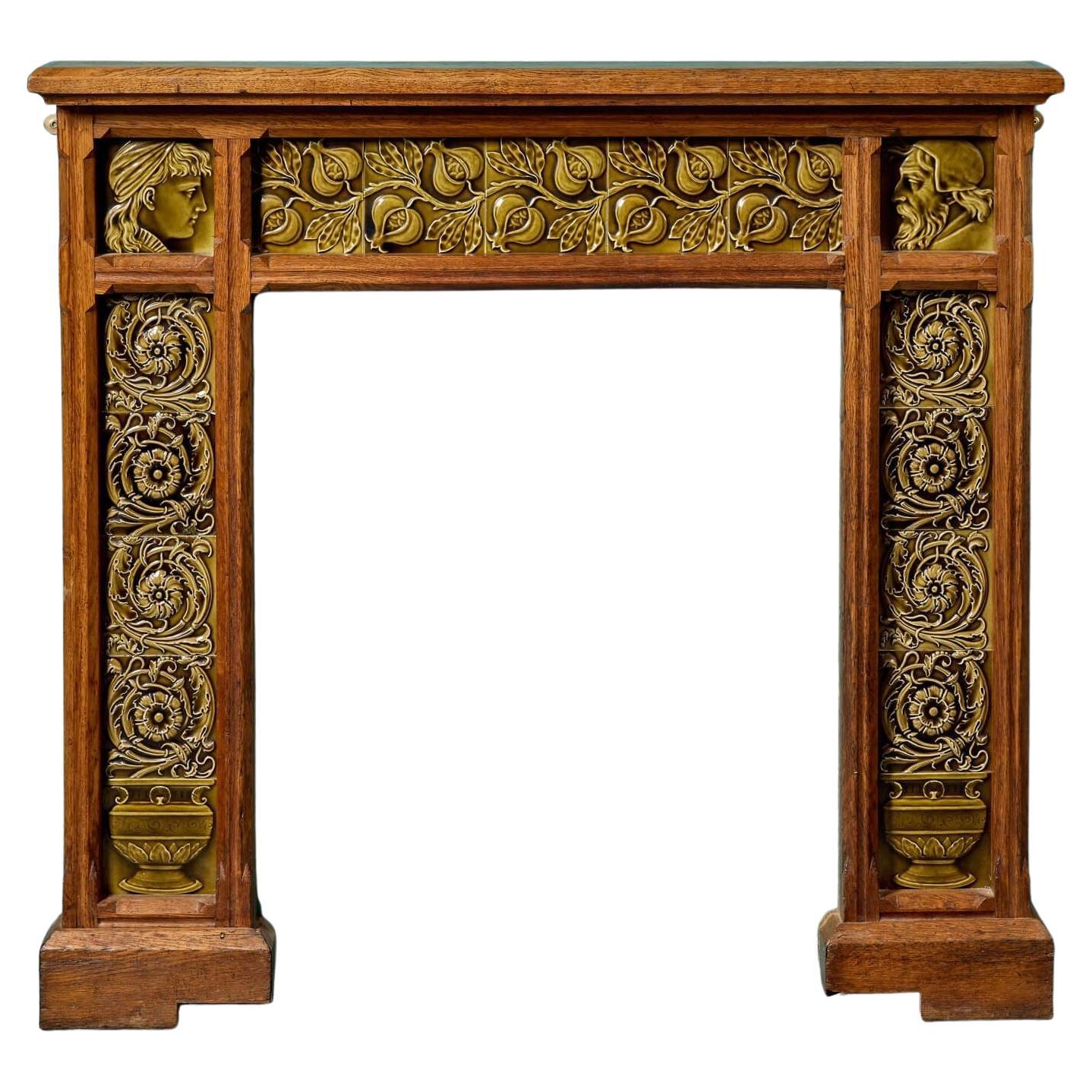 Maw & Co. Antique Tile Oak Fire Mantel For Sale