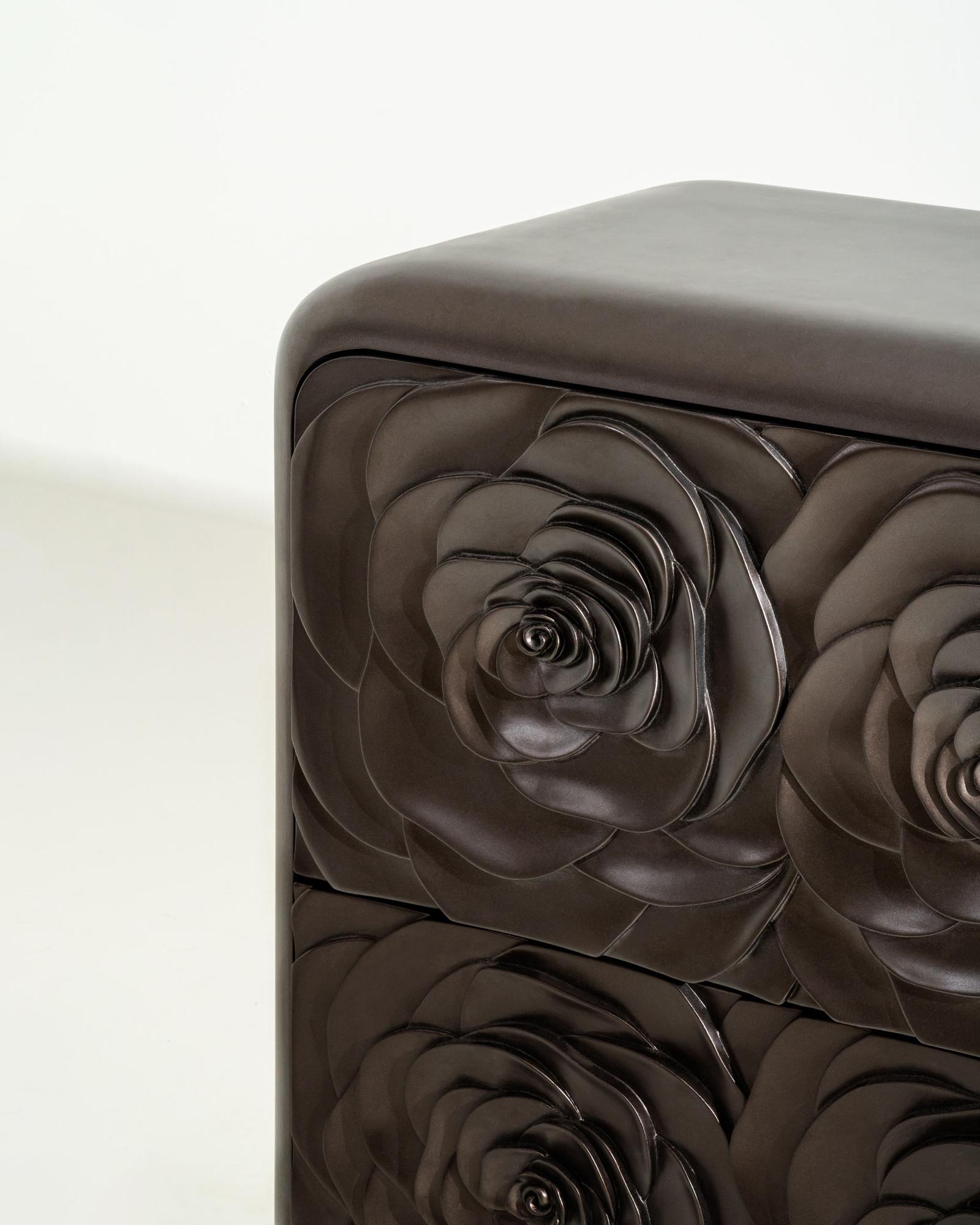 Made from solid mahogany, the Mawar Dresser is inspired by the traditional Indonesian floral carving. Each petals hand-carved by artisans, with a passion passed down for generations. The dark bronze finish accentuate the timeless design through a