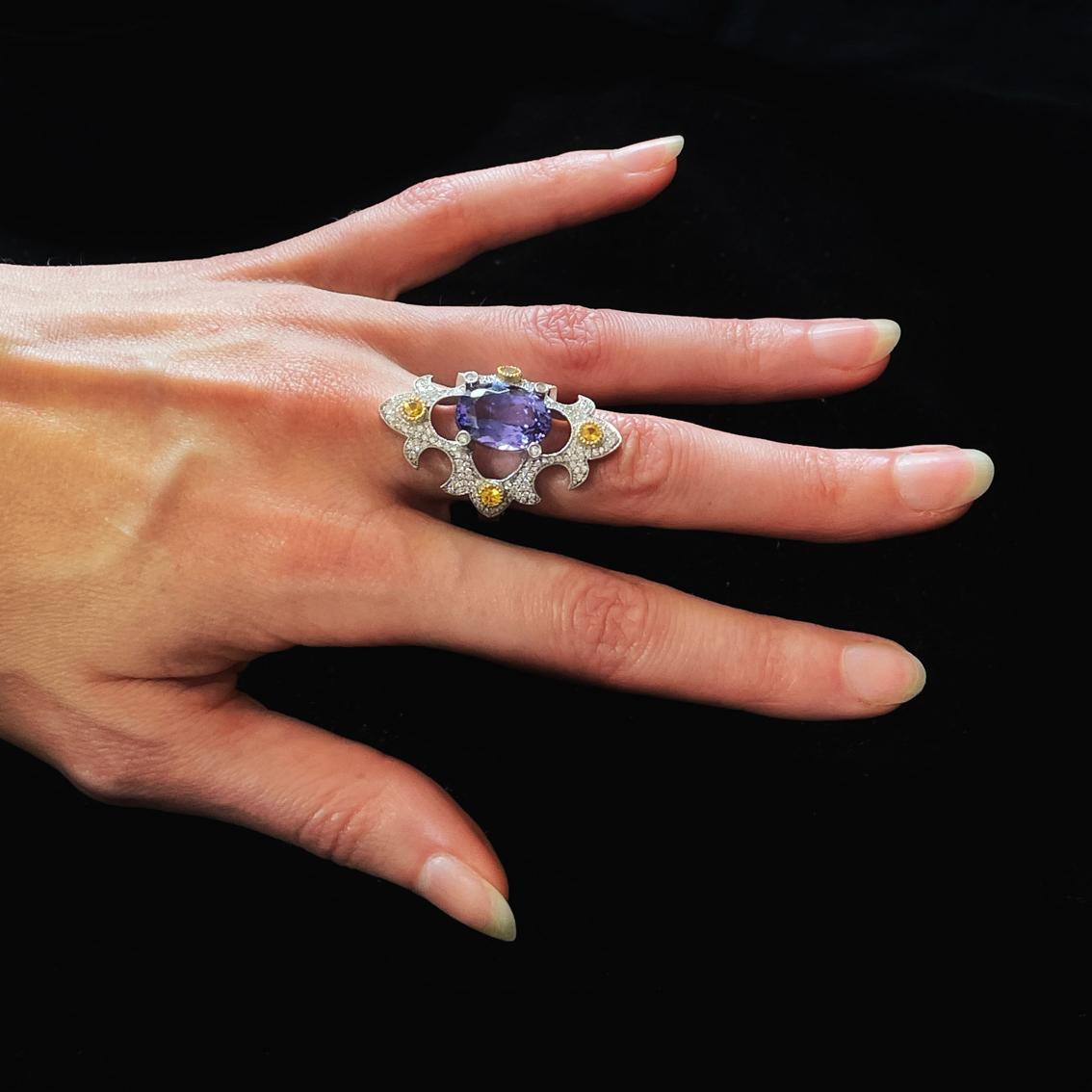 Medieval 18 Karat White Gold Ring, Tanzanite, Yellow Sapphires, & Diamonds For Sale