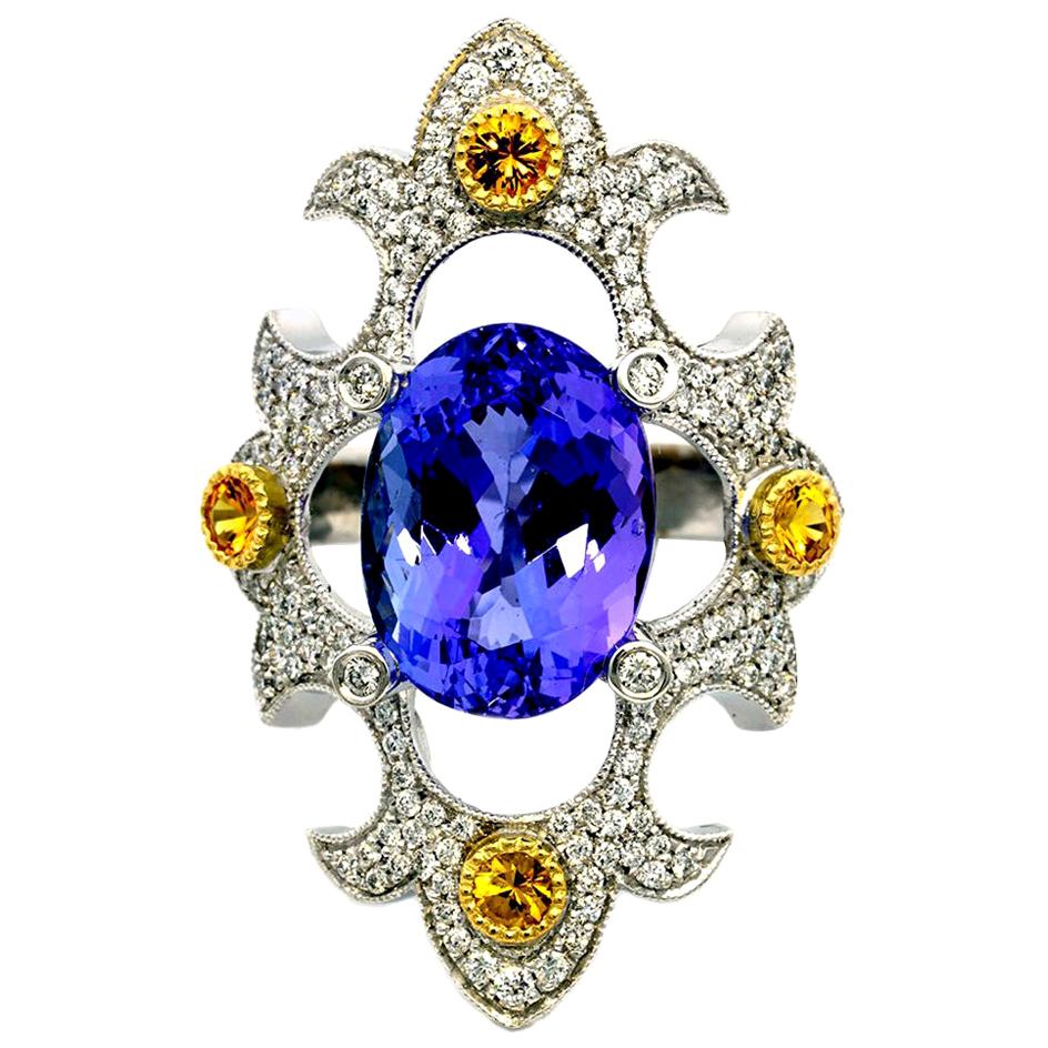 18 Karat White Gold Ring, Tanzanite, Yellow Sapphires, & Diamonds For Sale