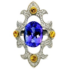 18 Karat White Gold Ring, Tanzanite, Yellow Sapphires, & Diamonds