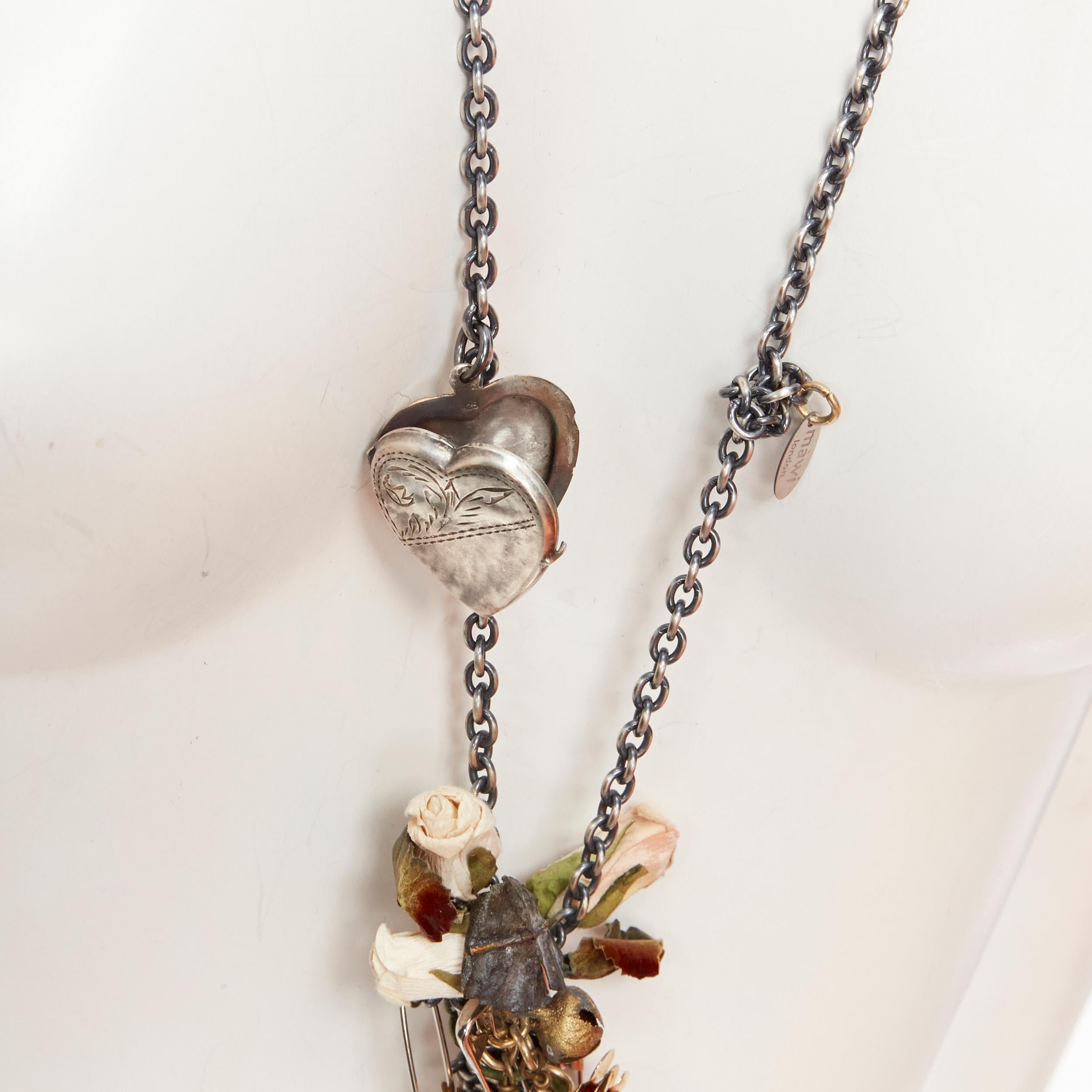 MAWI LONDON antique silver pin pearl rose charm knotted chain necklace 5
