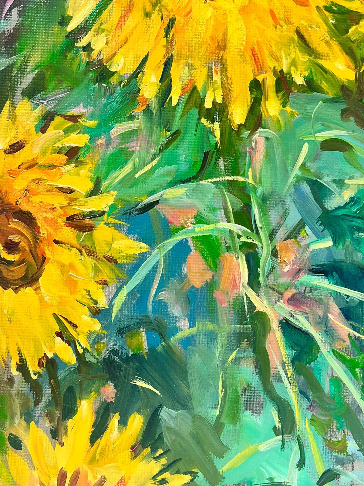 Sunflowers in Landscape Signed French Post Impressionist Oil Painting on Canvas 2