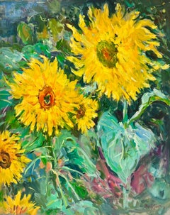 Sunflowers in Landscape Signed French Post Impressionist Oil Painting on Canvas