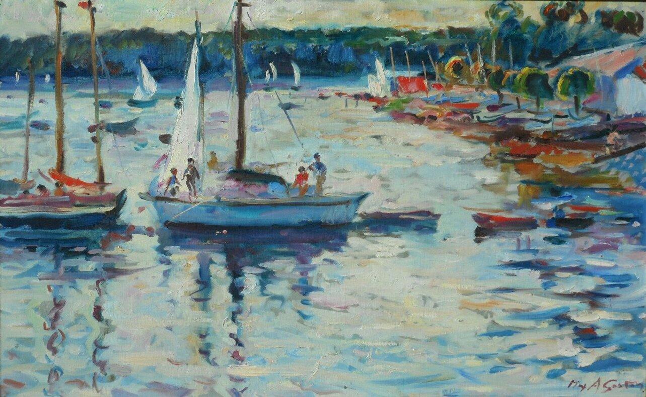 View of a Harbour, Original impressionistisches Ölgemälde auf Leinwand von Max Agostini im Angebot 1