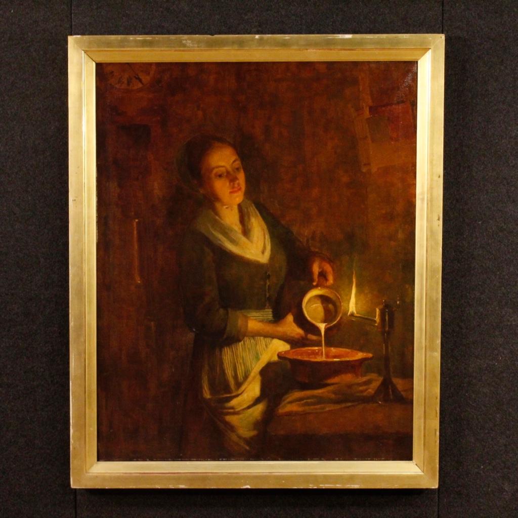 Dutch painting from early 20th century. Framework oil on canvas, in the first canvas, depicting an interior scene with a young girl with a light of excellent pictorial quality. Painting signed in the lower left Max Alandt, for antique dealers and