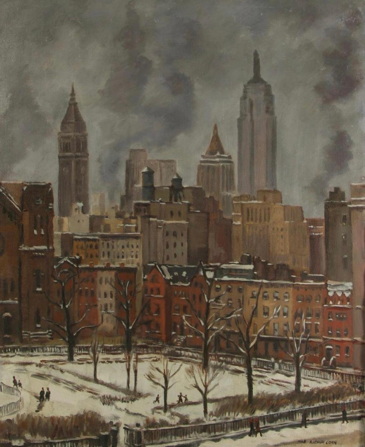 Max Arthur Cohn Landscape Painting - Stuyvesant Park NYC American Scene Mid 20th Century WPA Realism Cityscape Modern