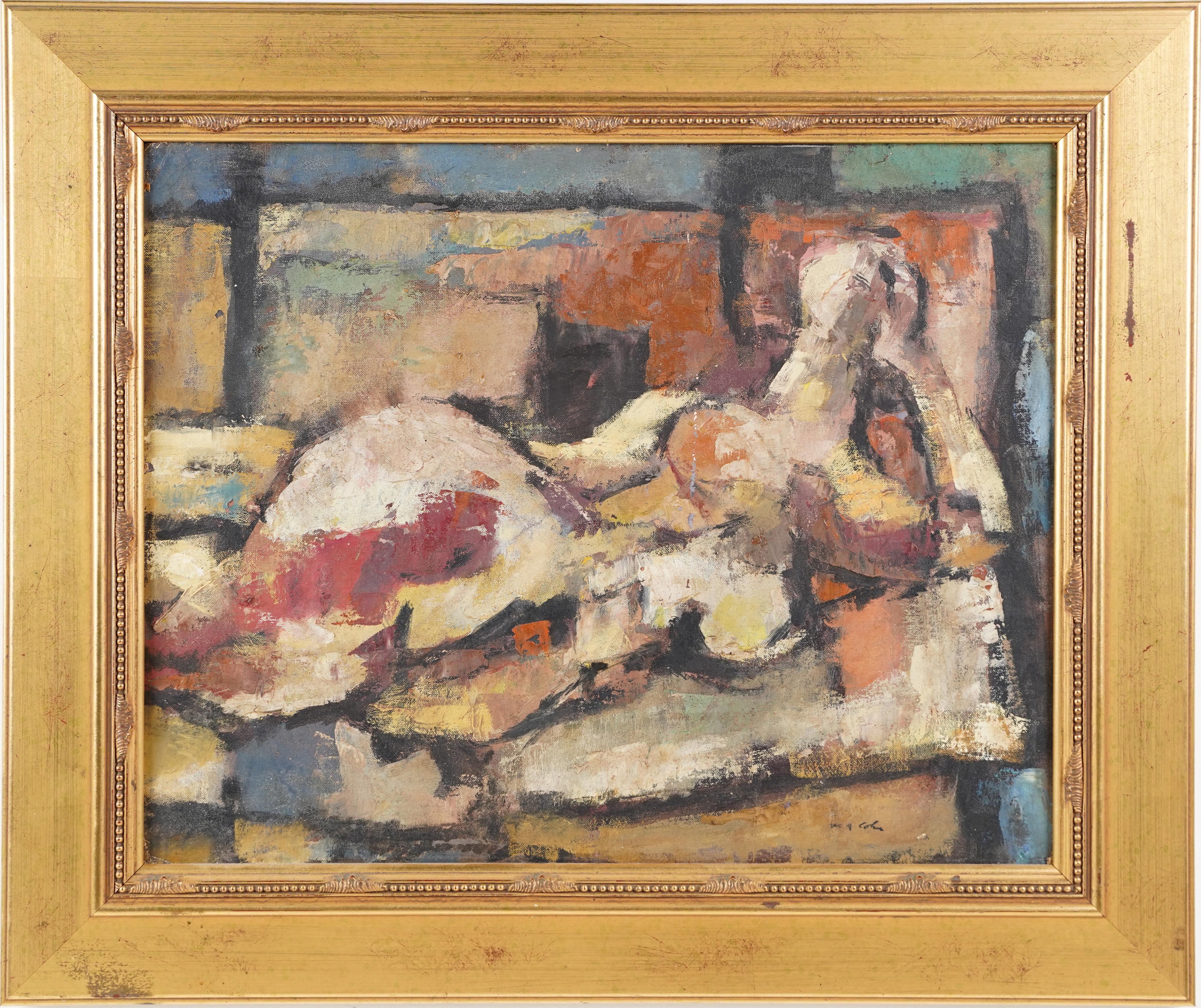 Antique American modernist nude signed oil painting.  Oil on board.  Signed.  Framed.  Image size, 20L x 16H.