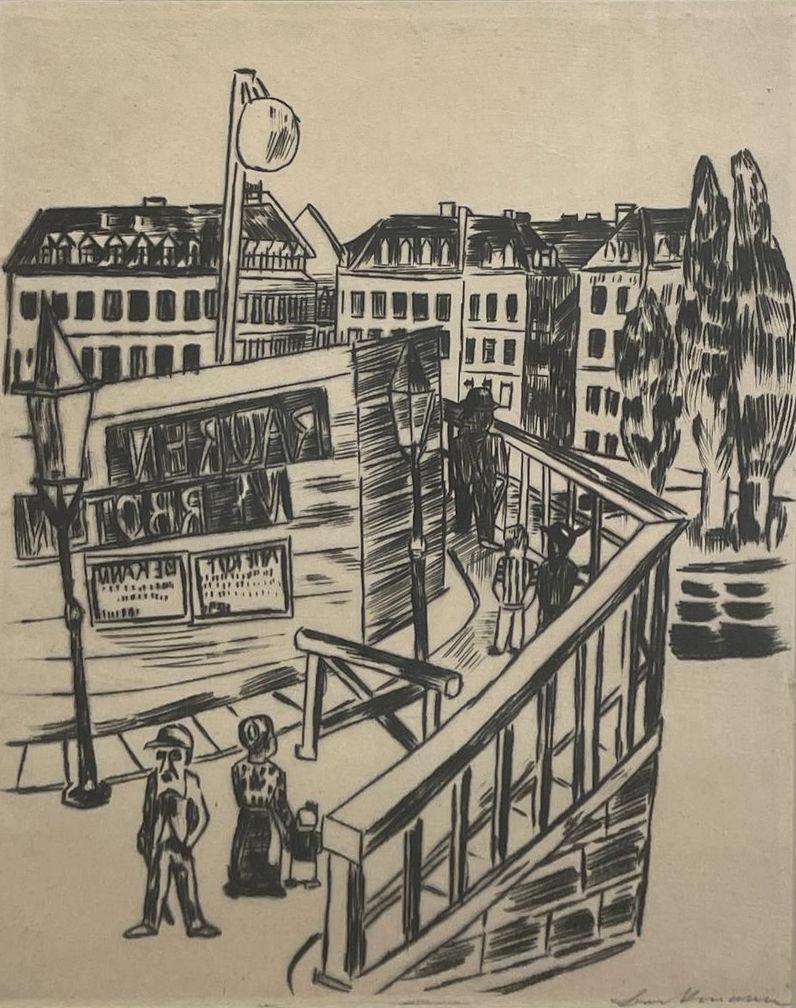 "Holzbrücke" Max Beckmann, 1922 Paisaje urbano modernista en punta seca