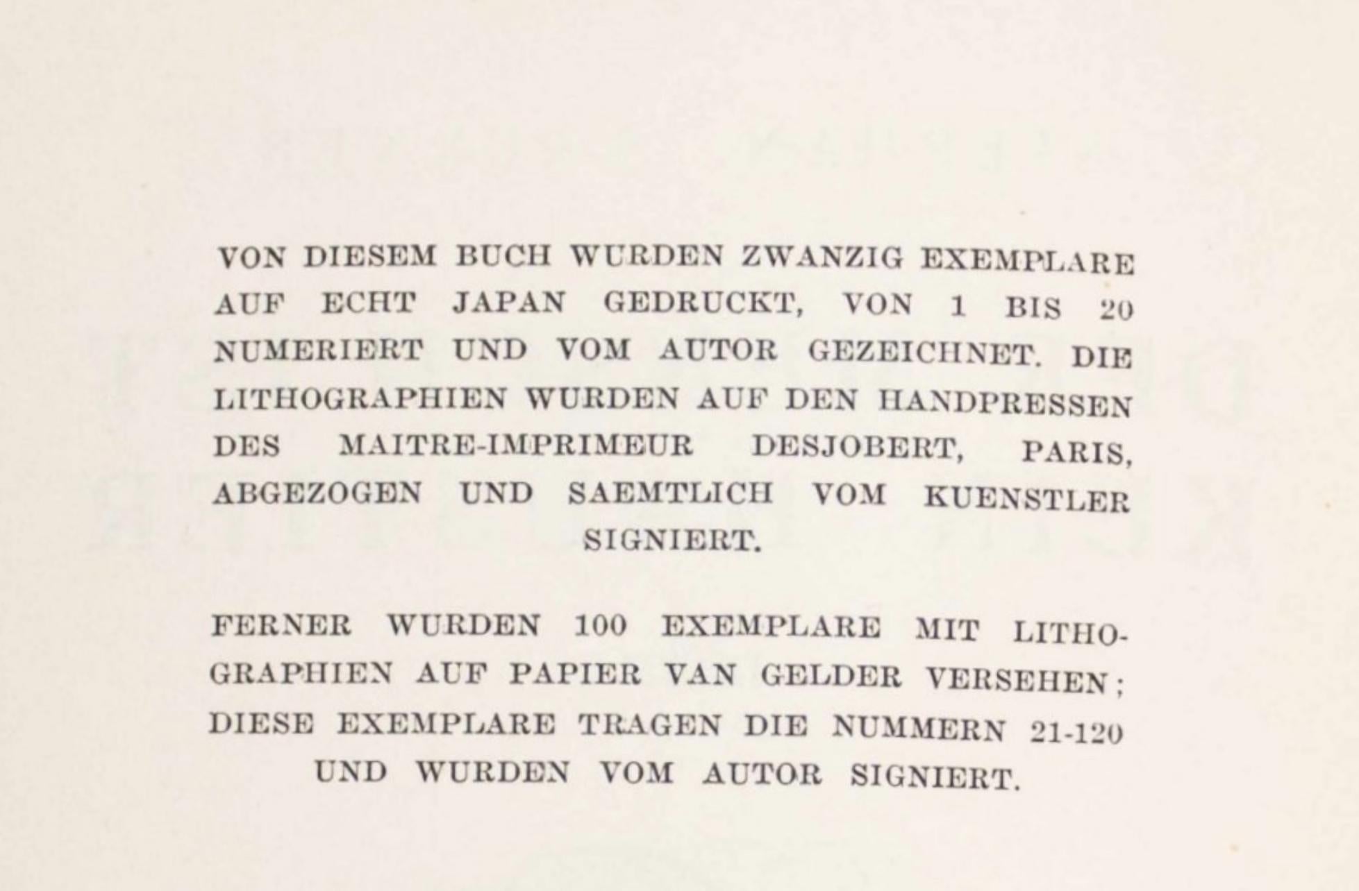Litografia su carta Van Gelder Zonen Bütten. Iscrizione: Non firmato e non numerato, come emesso. Buone condizioni. Note: Dal volume Der Mensch ist kein Haustier, 1937. Pubblicato da Éditions Cosmopolites, Parigi; stampato da Desjobert, Parigi,