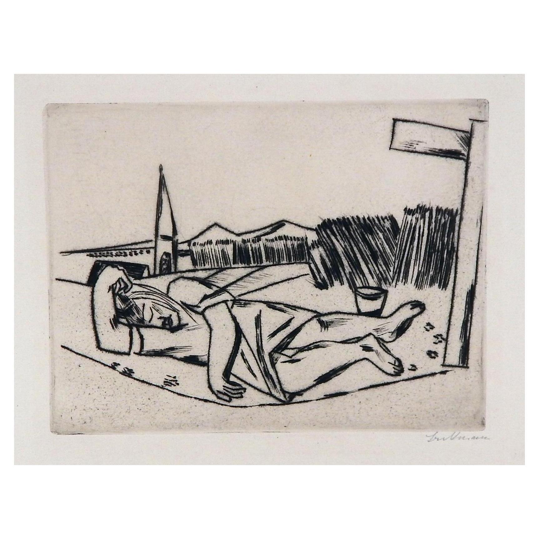 A fine example of a very rare etching and drypoint by German Expressionist Max Beckmann, an edition of 50. 
Titled lower left corner in pencil: Schlafendes Madchen im Kornfield. (Maiden Sleeping in the Cornfield).
Signed in pencil lower right. The