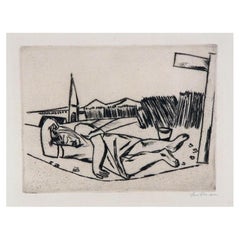 Antique Max Beckmann German Expressionist Etching 1922, Maiden Sleeping in the Cornfield