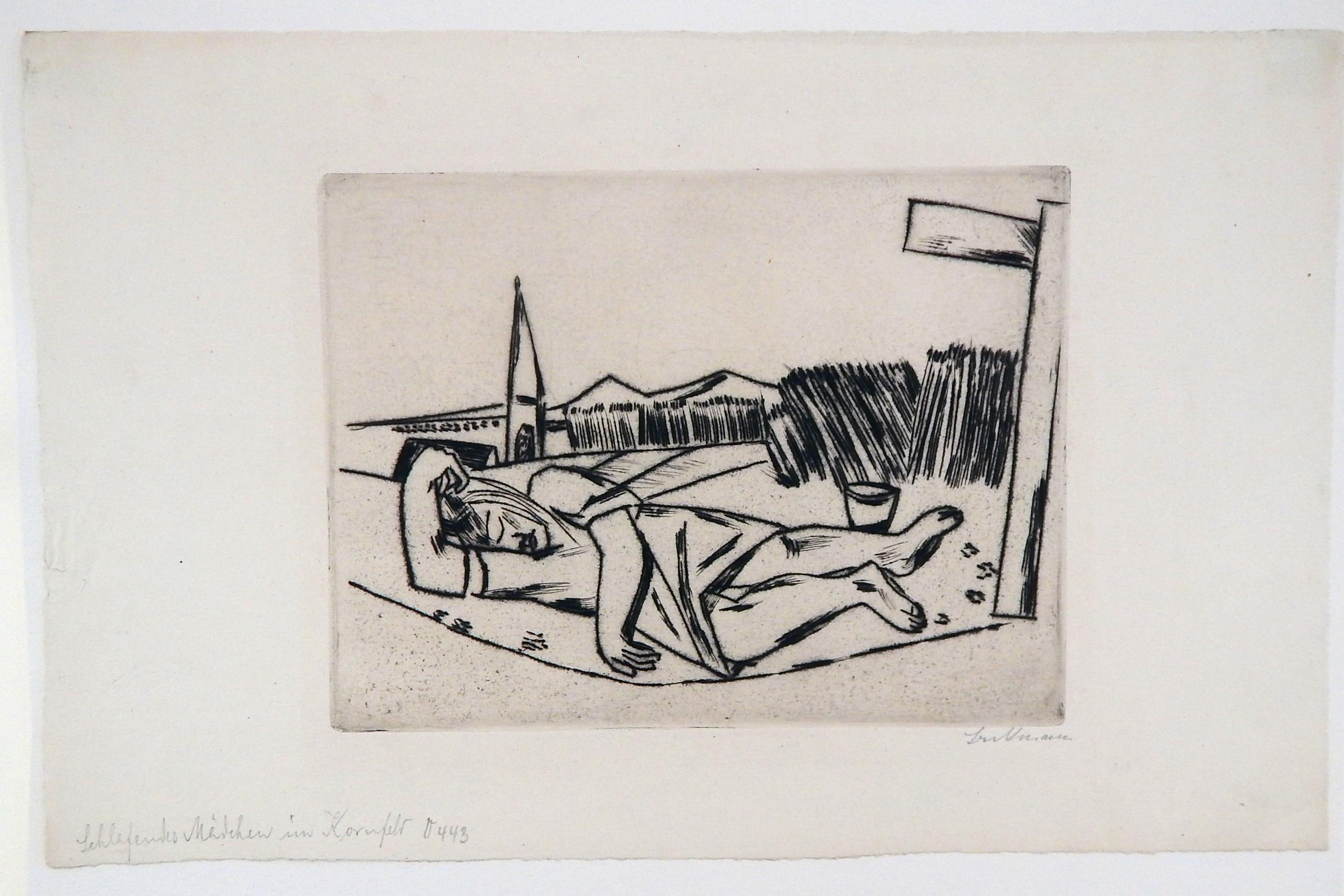 A fine example of a very rare etching and drypoint by German Expressionist Max Beckmann, an edition of 50. 
Titled lower left corner in pencil: Schlafendes Madchen im Kornfield. (Maiden Sleeping in the Cornfield).
Signed in pencil lower right. The