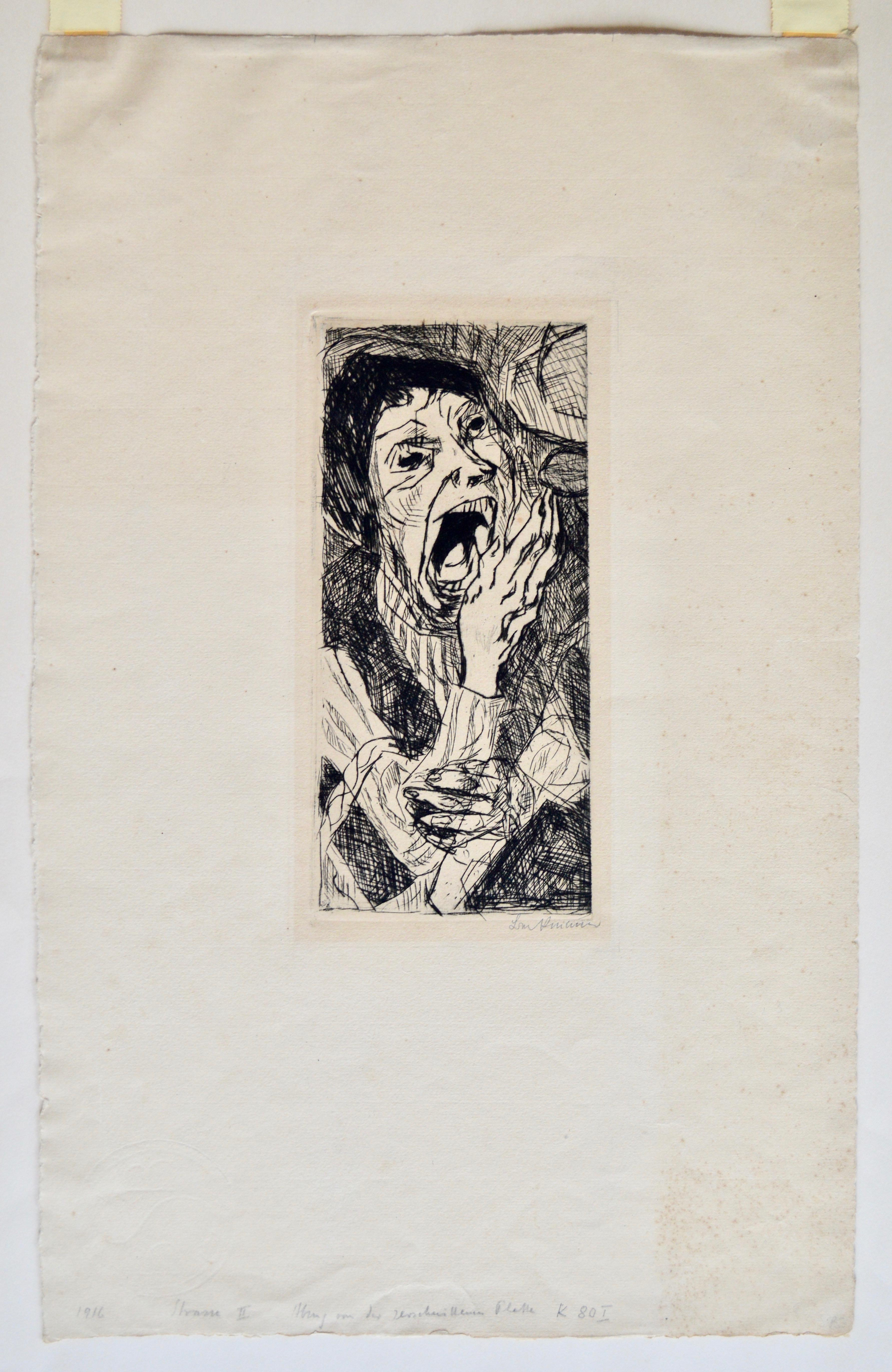 Max Beckmann (German, 1884-1950) German Expressionist

Date: 1916
Medium: Drypoint etching
Dimensions:
Plate - 3 5/8” x 7 5/8” (~9.2 x 19.4 cm)
Sheet - approx. 10” x 16.5” (~25.4 x 41.9 cm)
Framed - 15” x 24” (~38 x 61 cm)
Paper: Cream,