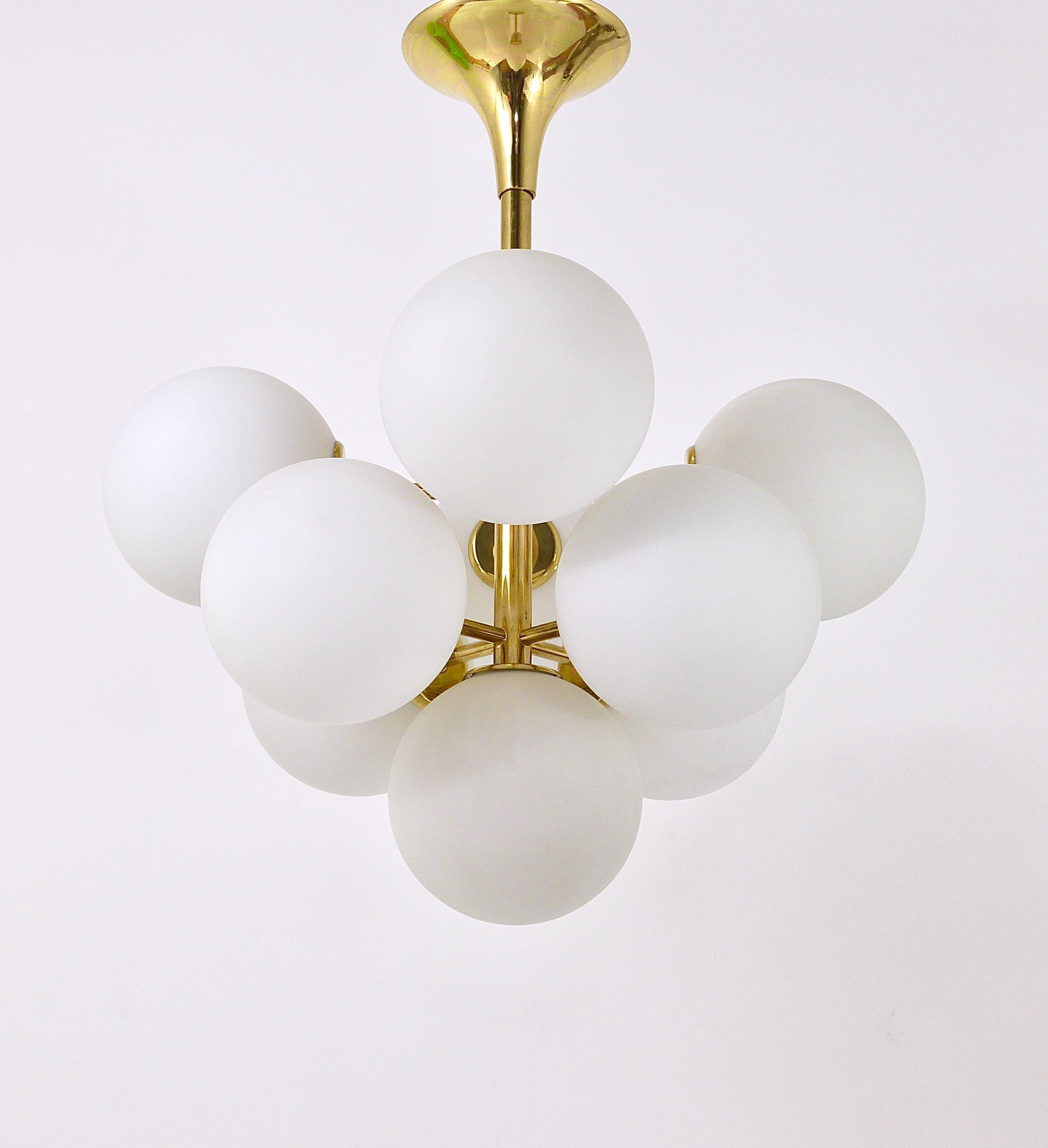 Atomic Brass Chandelier, White Glass Globes, in the style of E. R. Nele by Temde 2