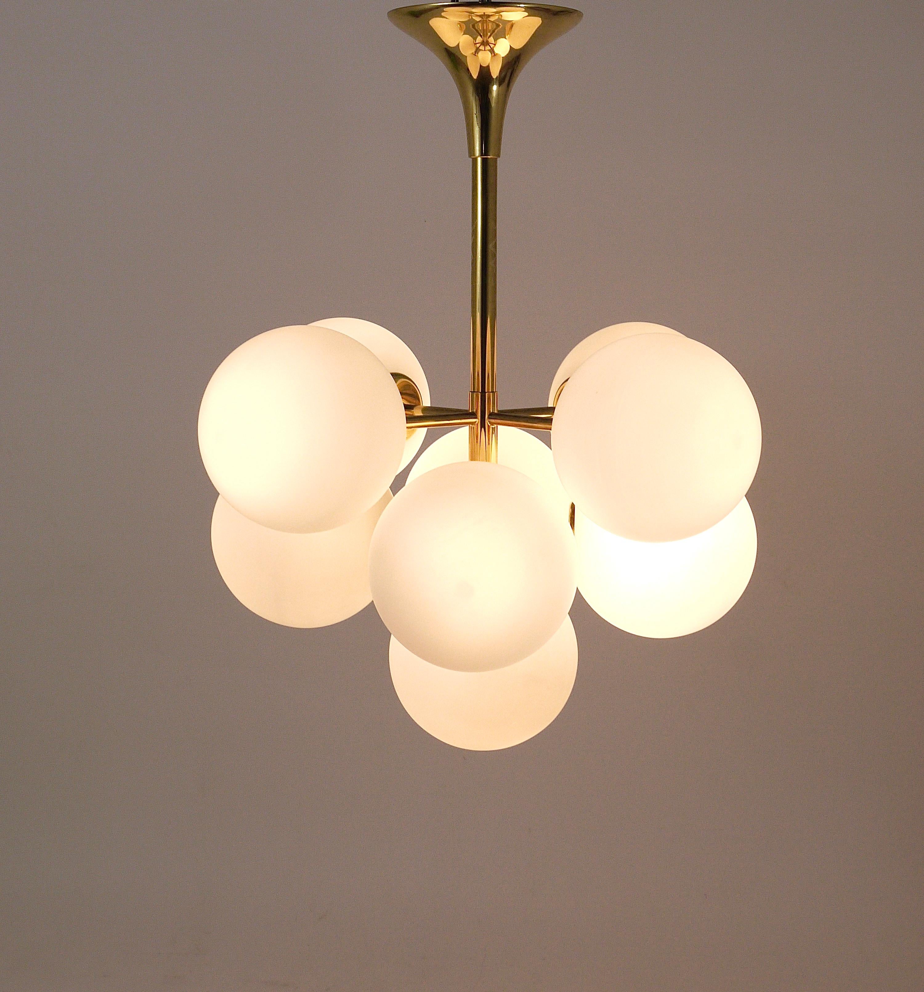 Atomic Brass Chandelier, White Glass Globes, in the style of E. R. Nele by Temde 3