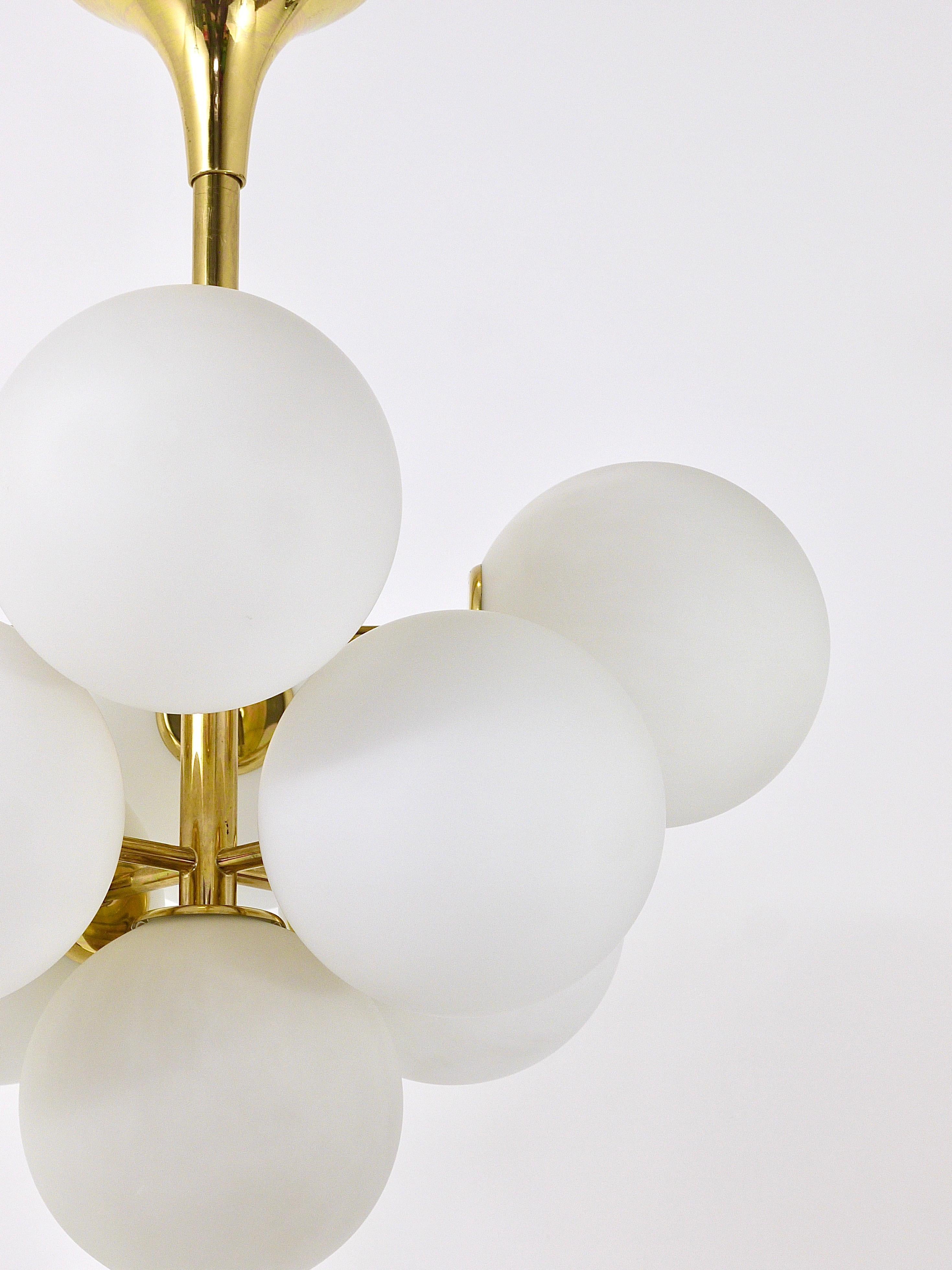 Atomic Brass Chandelier, White Glass Globes, in the style of E. R. Nele by Temde 5