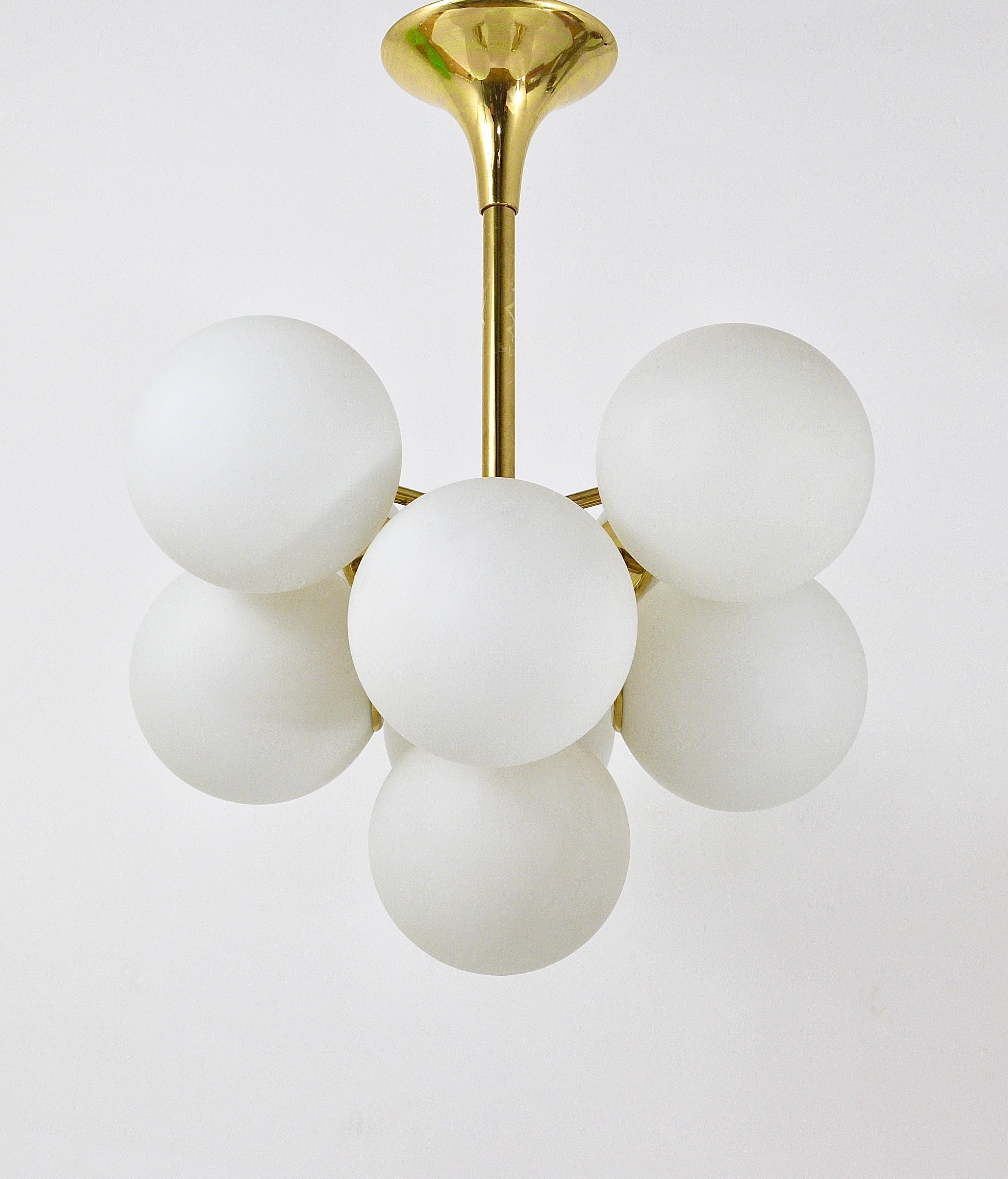 Atomic Brass Chandelier, White Glass Globes, in the style of E. R. Nele by Temde 6