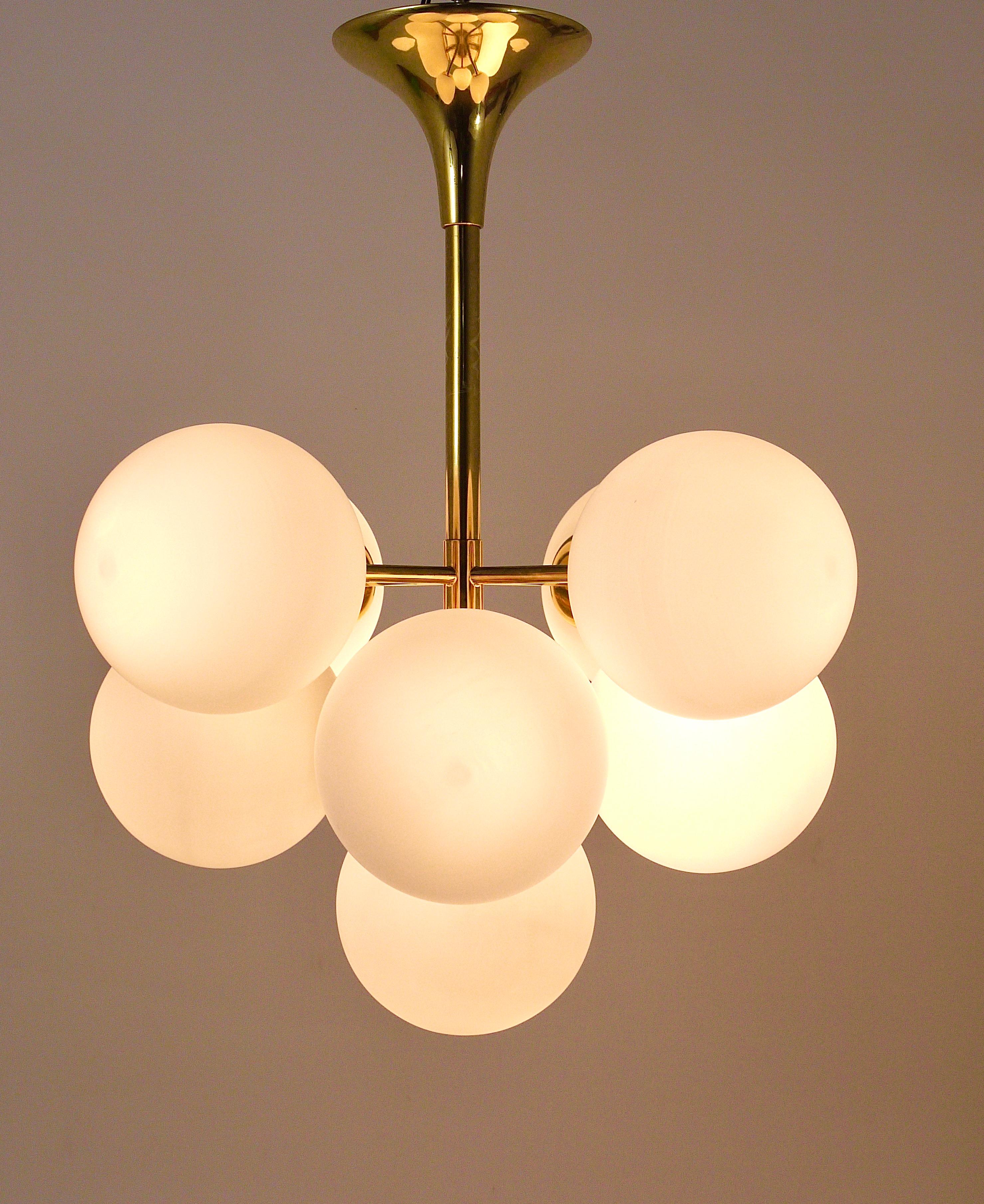 Atomic Brass Chandelier, White Glass Globes, in the style of E. R. Nele by Temde 7