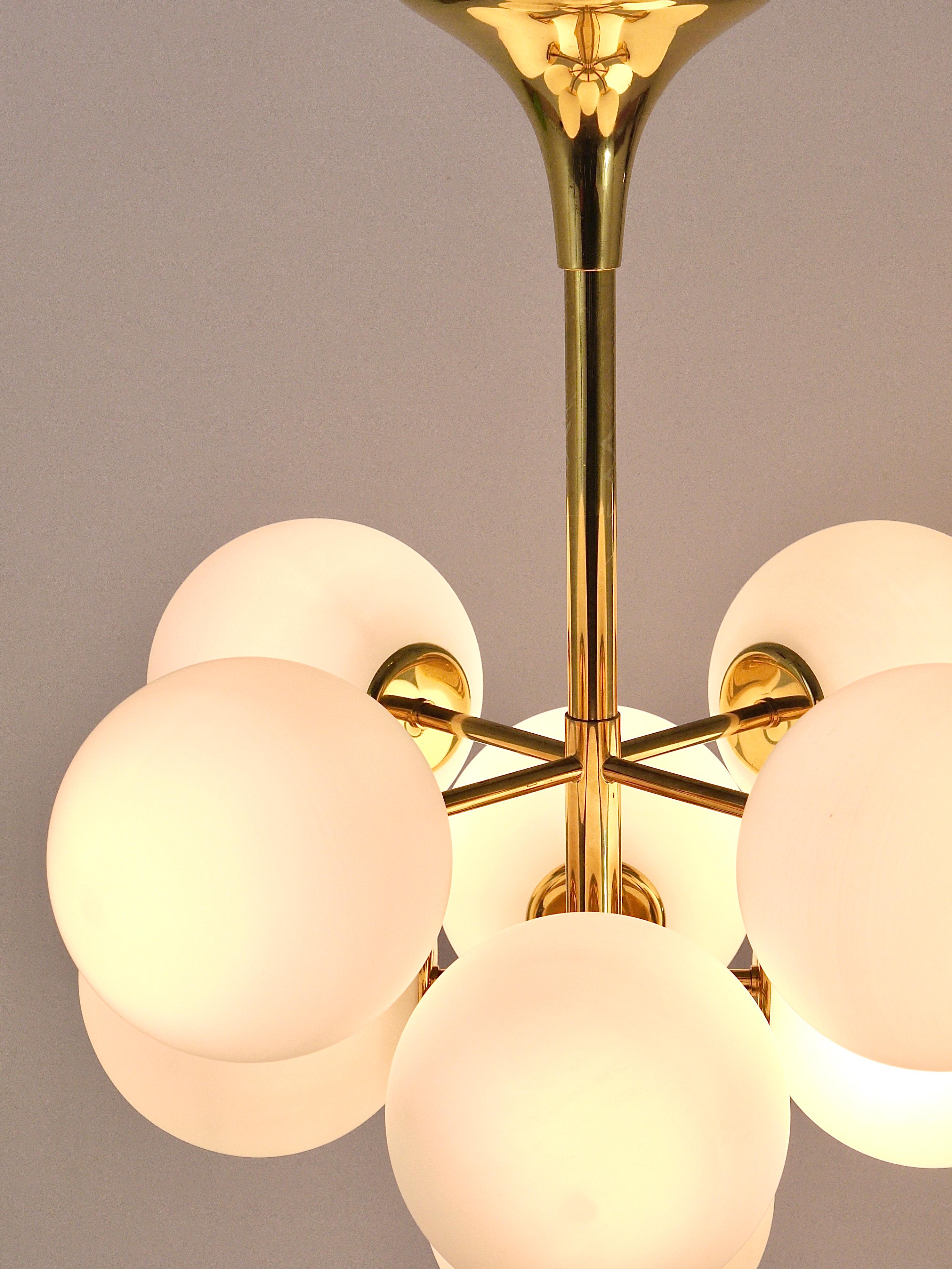 Atomic Brass Chandelier, White Glass Globes, in the style of E. R. Nele by Temde 8