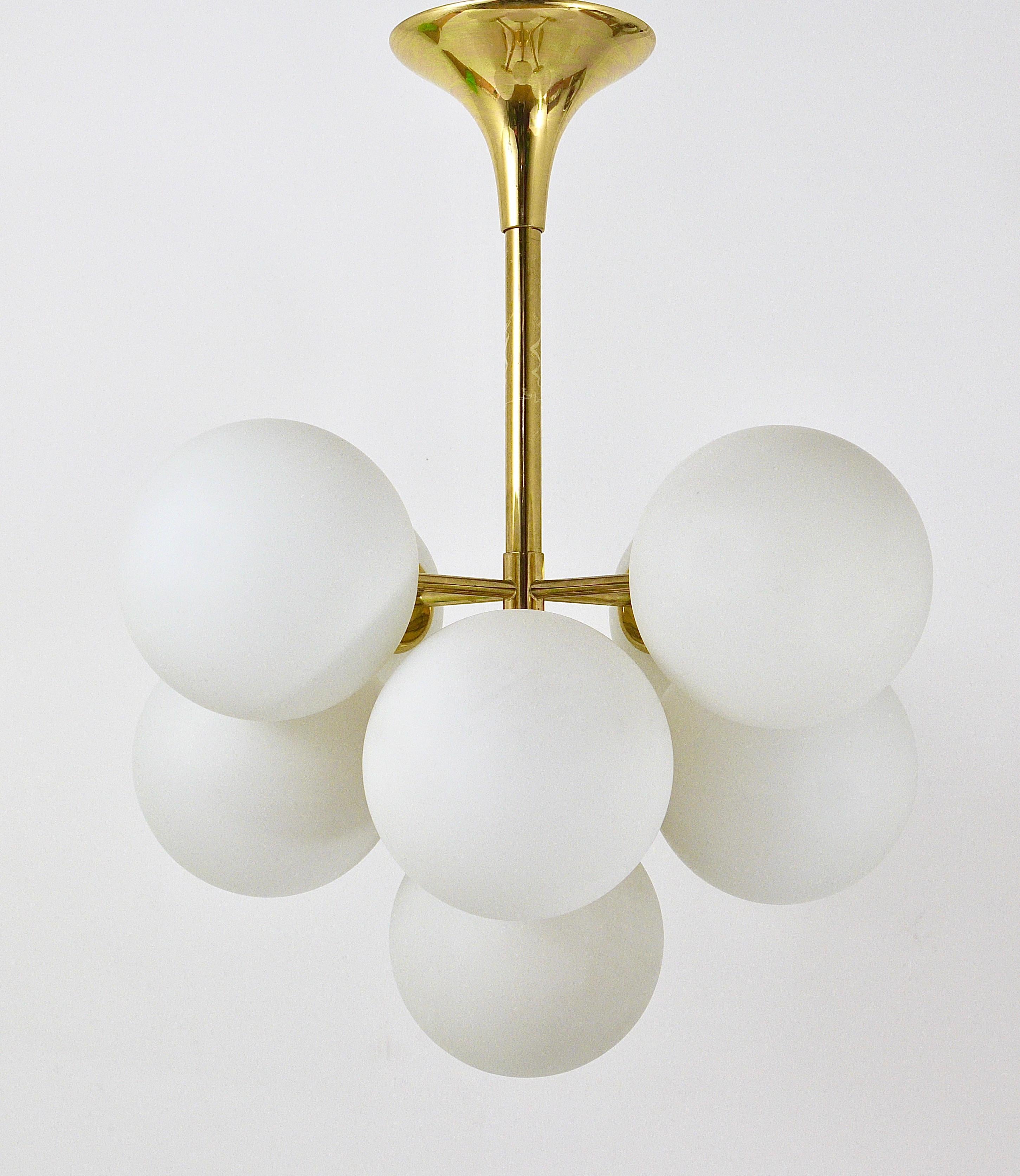 Atomic Brass Chandelier, White Glass Globes, in the style of E. R. Nele by Temde 9