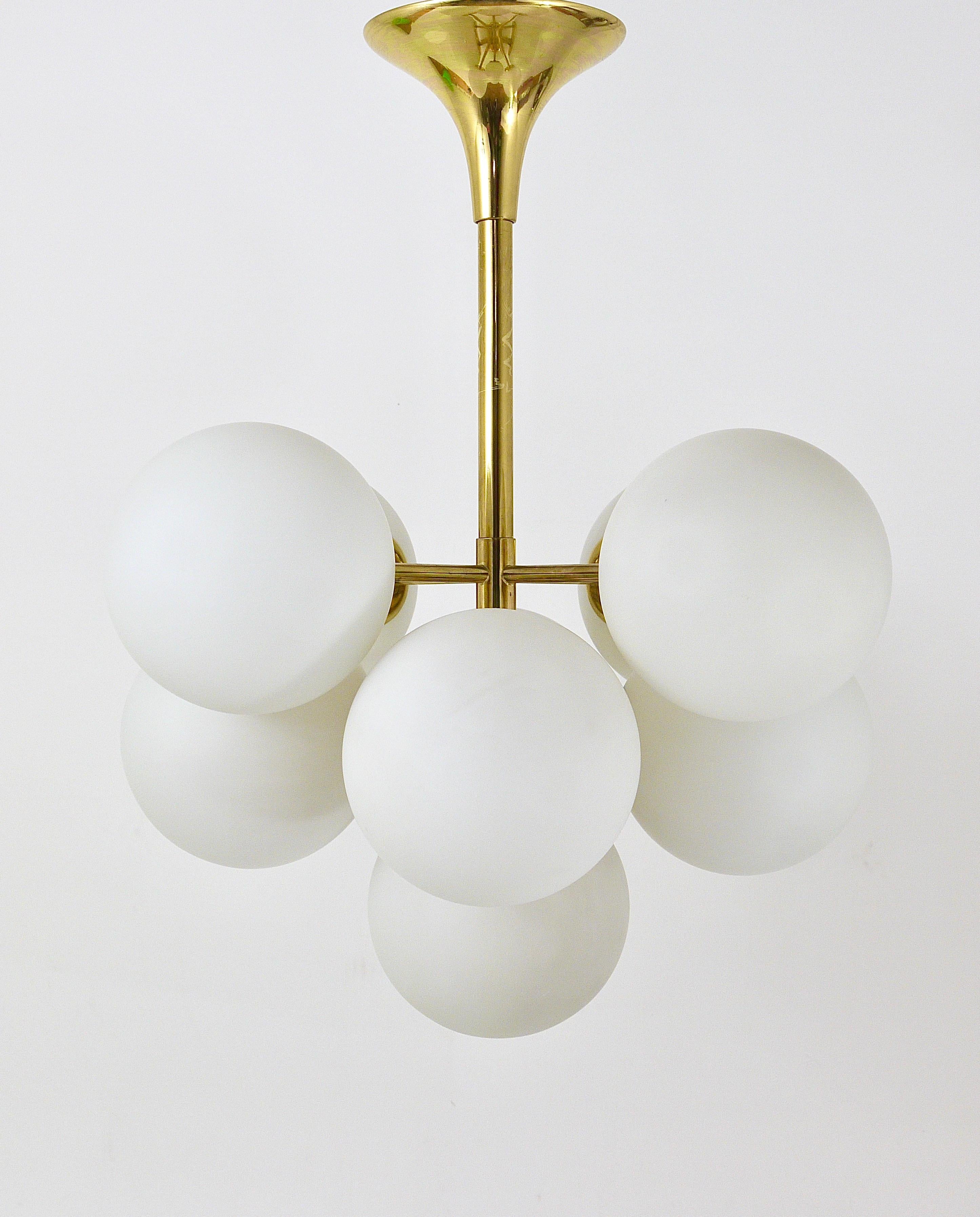 Atomic Brass Chandelier, White Glass Globes, in the style of E. R. Nele by Temde 10