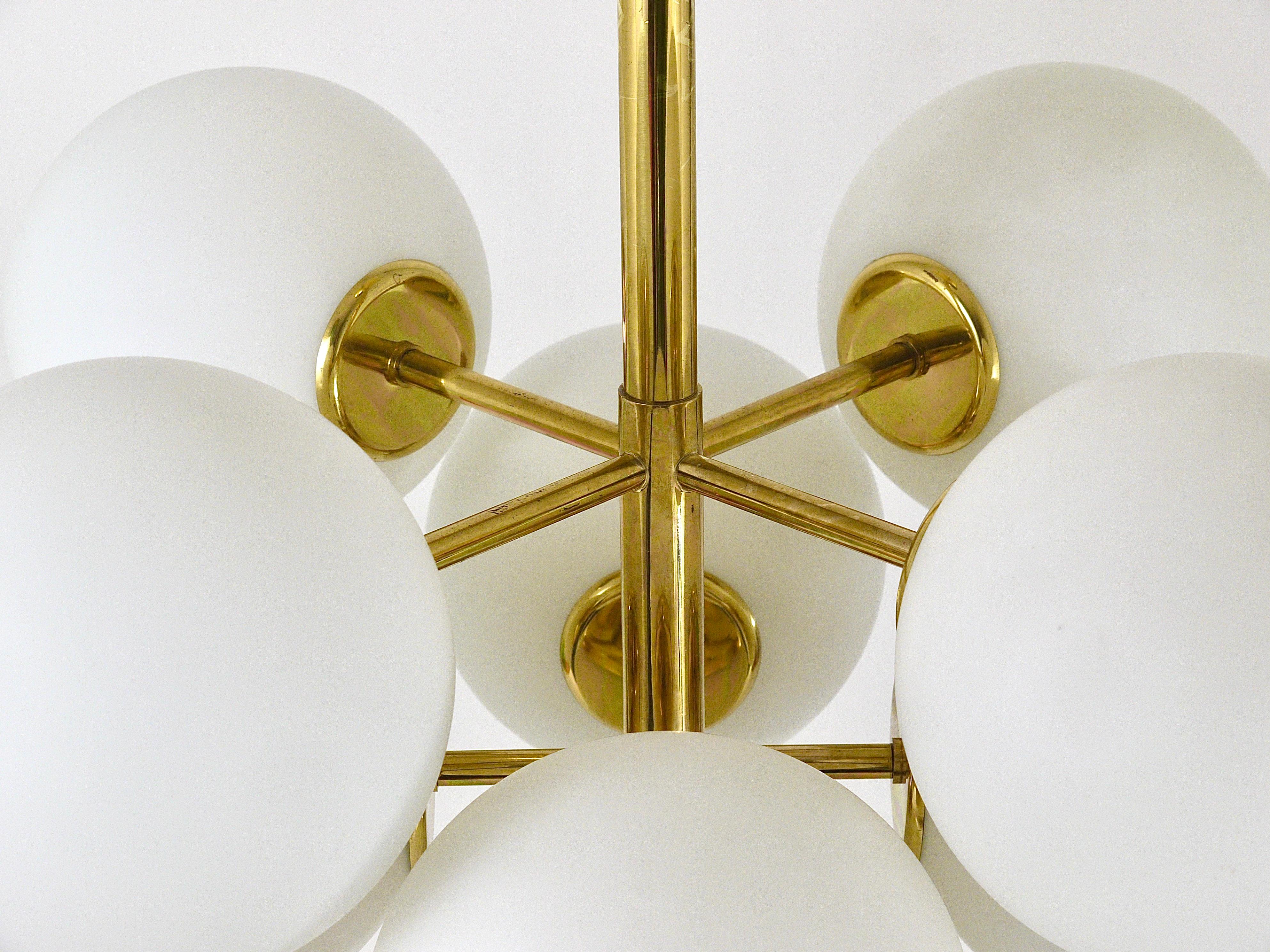 Atomic Brass Chandelier, White Glass Globes, in the style of E. R. Nele by Temde 11