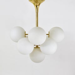Atomic Brass Chandelier, White Glass Globes, in the style of E. R. Nele by Temde