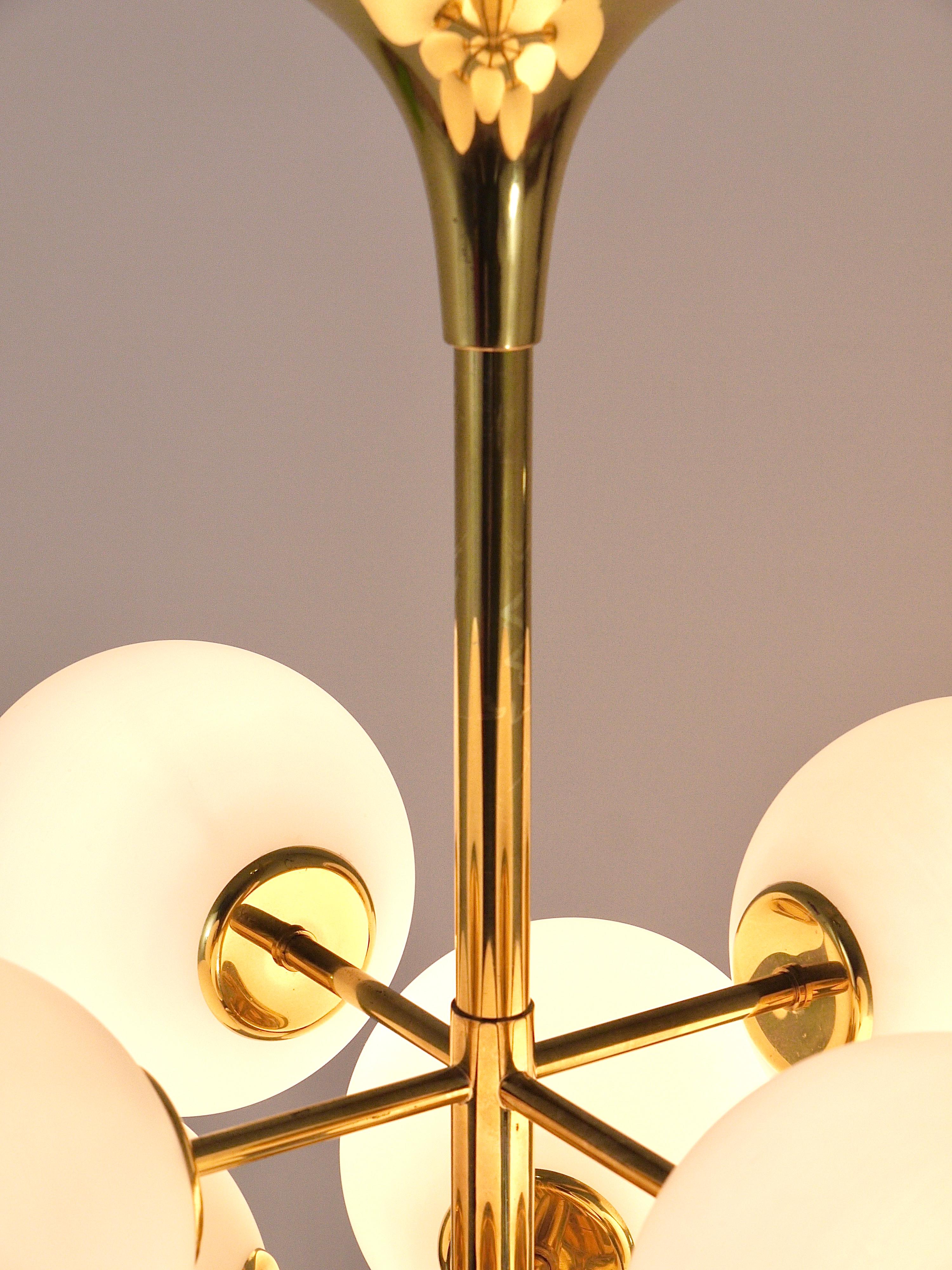 Atomic Brass Chandelier, White Glass Globes, in the style of E. R. Nele by Temde 12