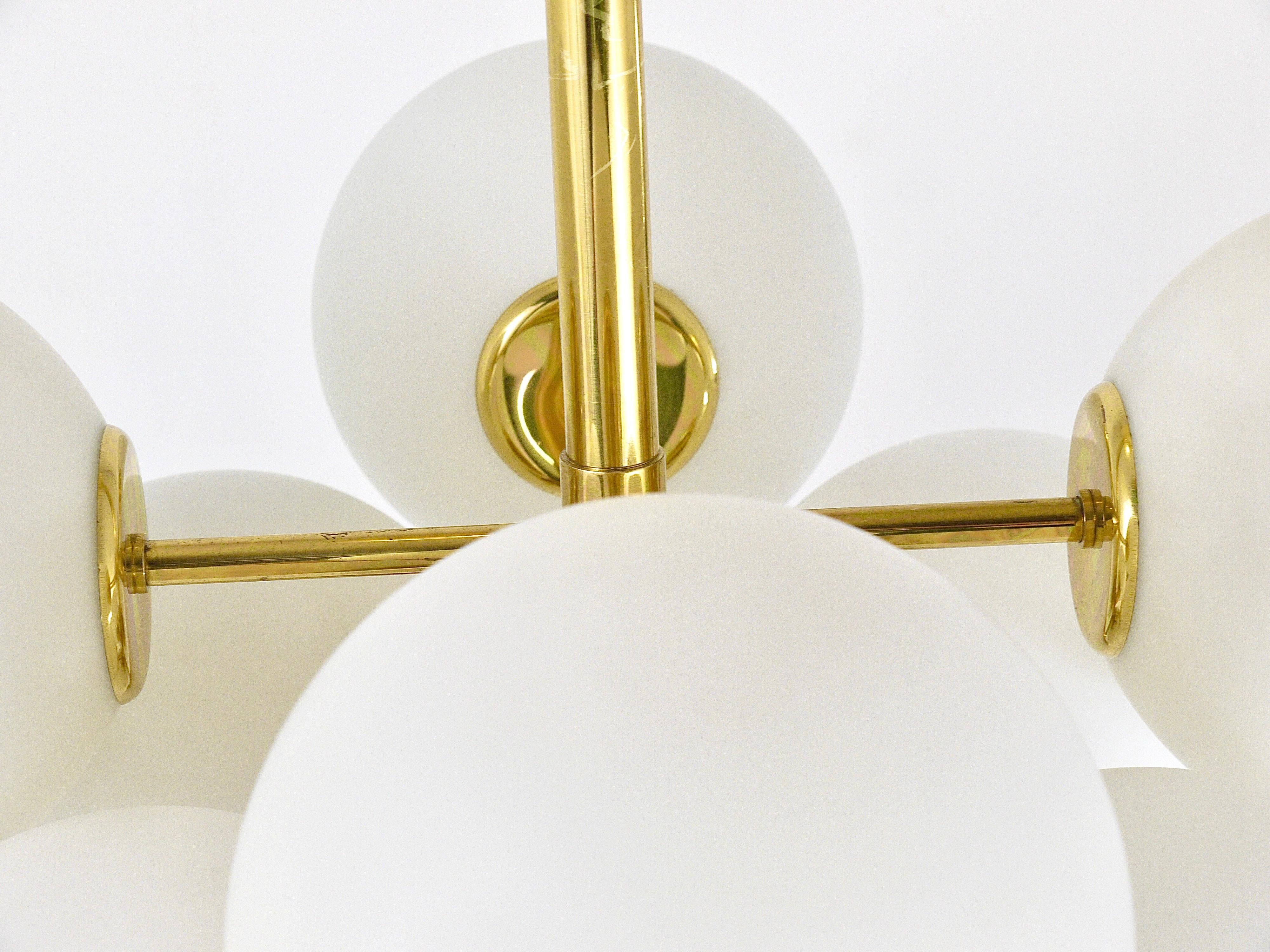Swiss Atomic Brass Chandelier, White Glass Globes, in the style of E. R. Nele by Temde