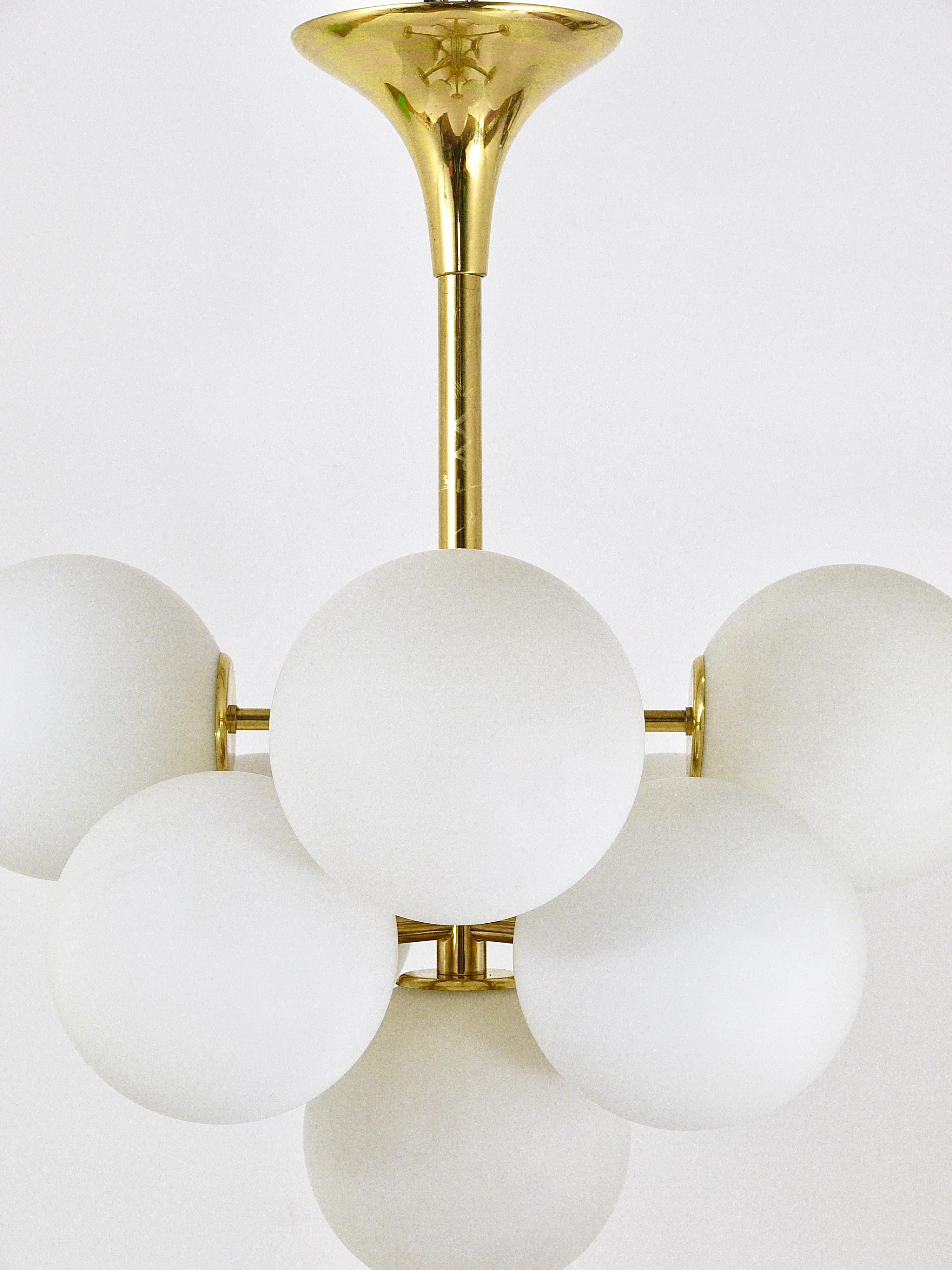 Frosted Atomic Brass Chandelier, White Glass Globes, in the style of E. R. Nele by Temde
