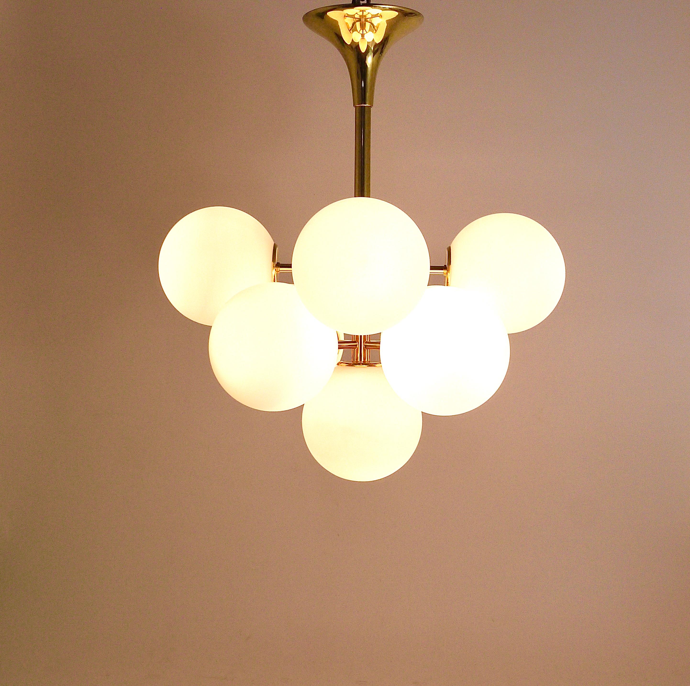 Atomic Brass Chandelier, White Glass Globes, in the style of E. R. Nele by Temde In Good Condition In Vienna, AT