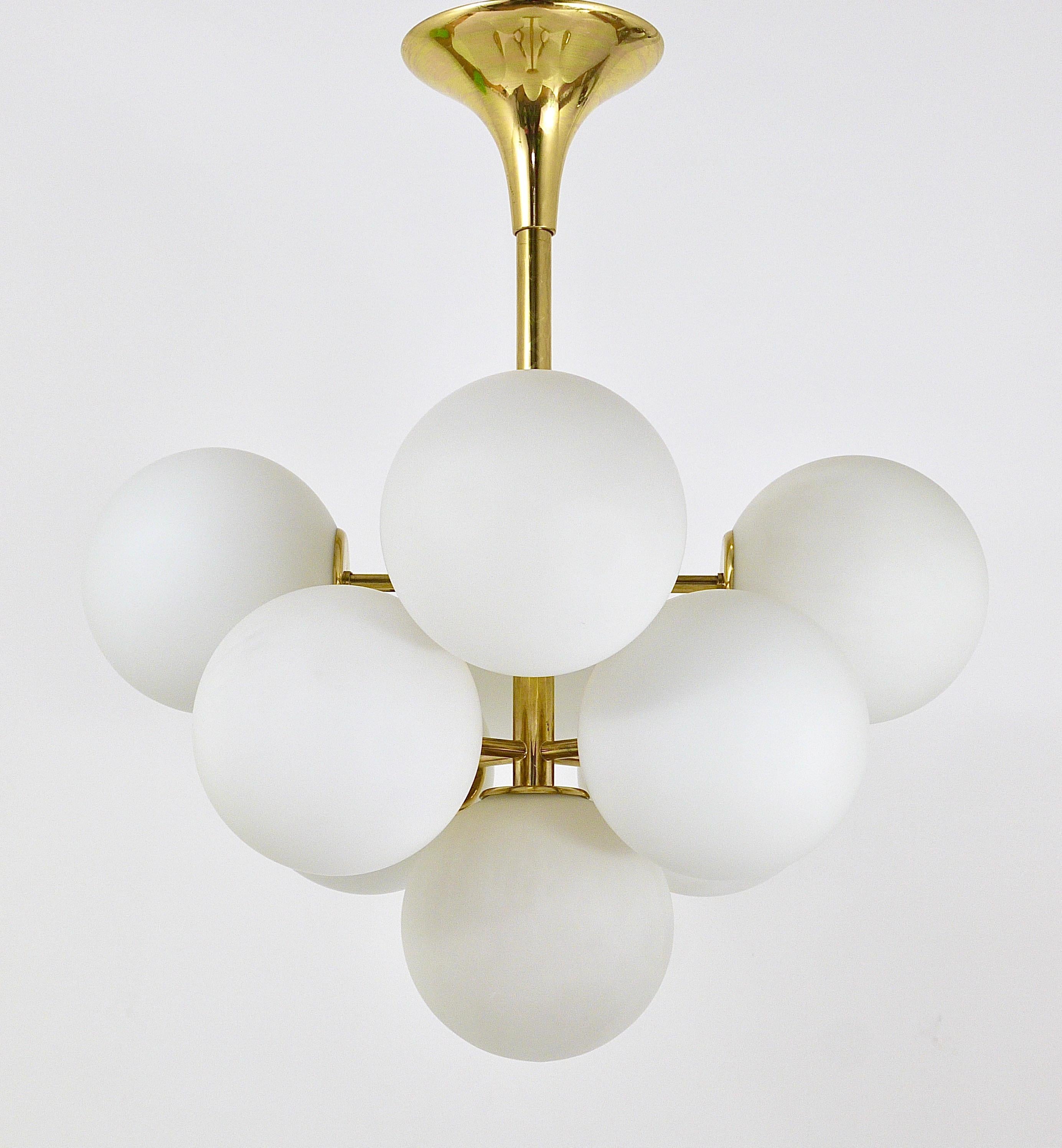 20th Century Atomic Brass Chandelier, White Glass Globes, in the style of E. R. Nele by Temde