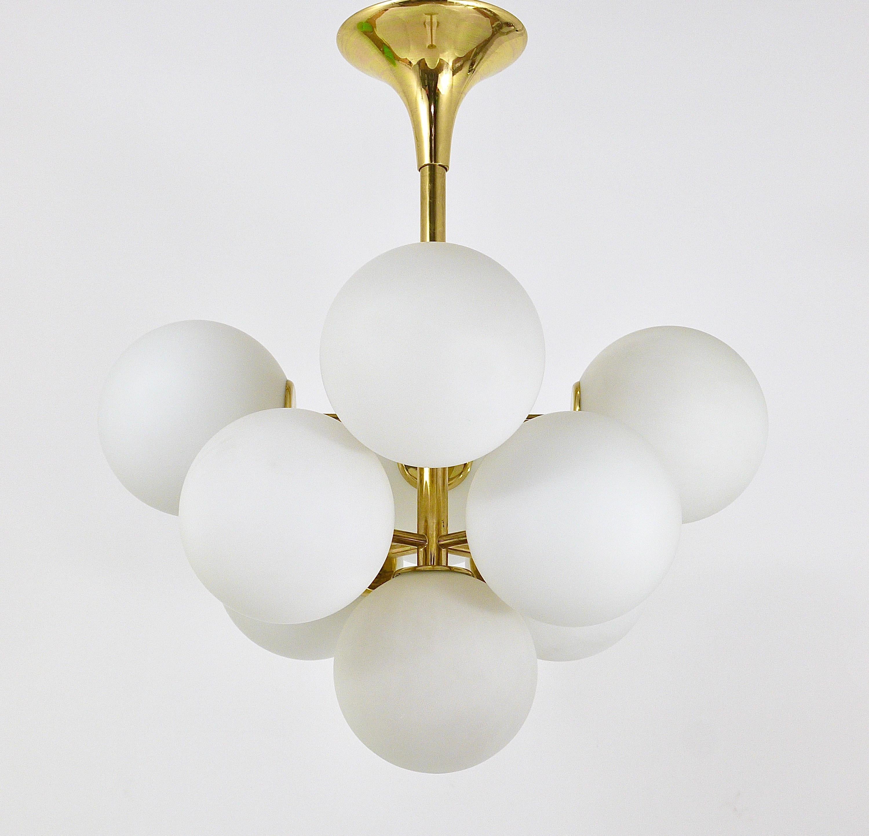 Milk Glass Atomic Brass Chandelier, White Glass Globes, in the style of E. R. Nele by Temde
