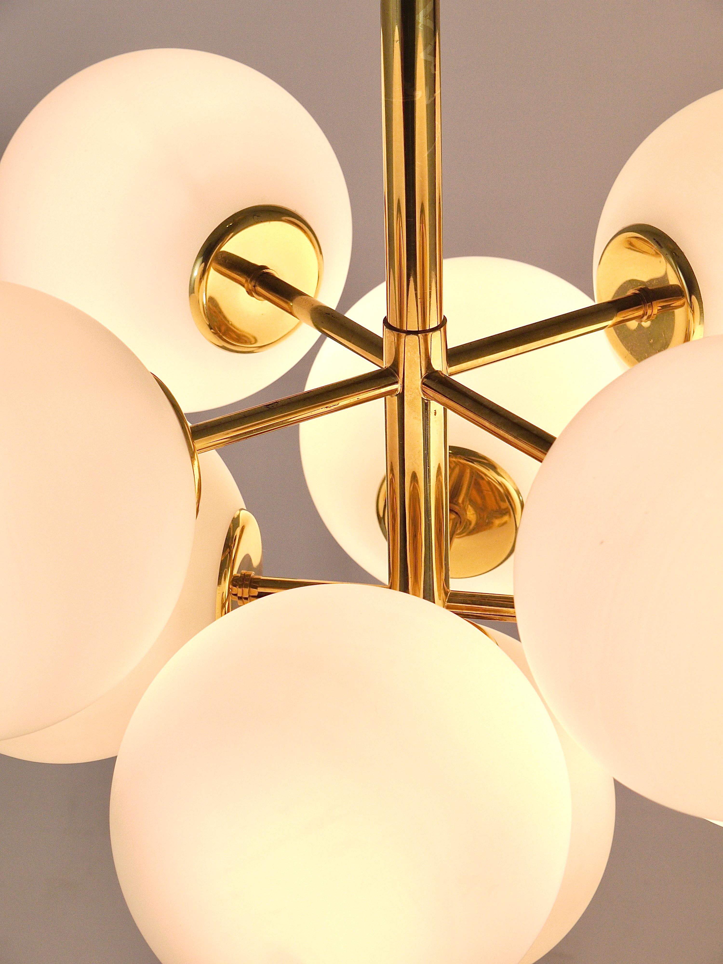 Atomic Brass Chandelier, White Glass Globes, in the style of E. R. Nele by Temde 1