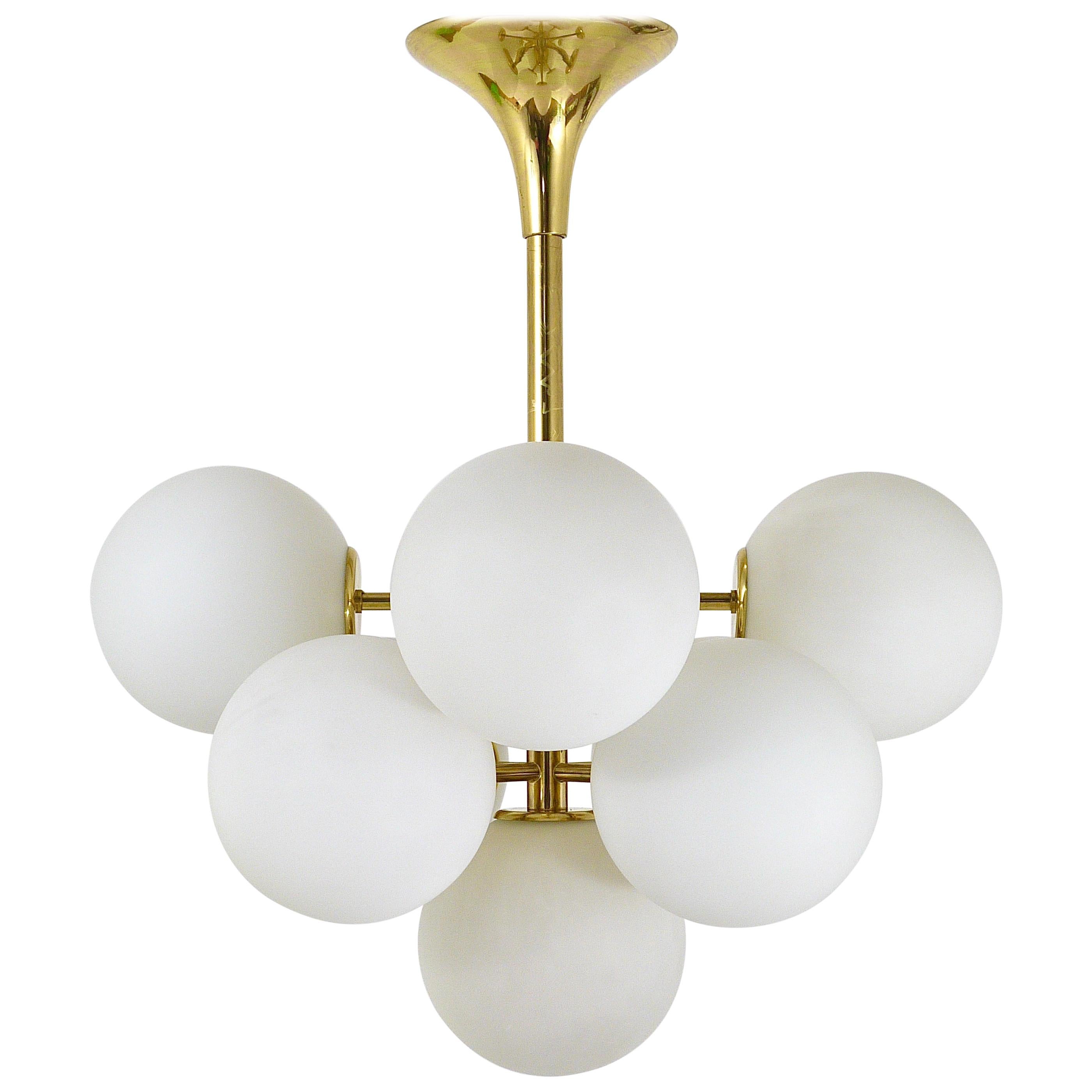 Atomic Brass Chandelier, White Glass Globes, in the style of E. R. Nele by Temde