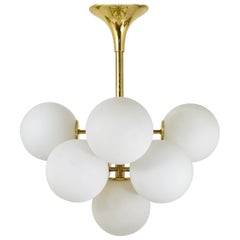 Atomic Brass Chandelier, White Glass Globes, in the style of E. R. Nele by Temde