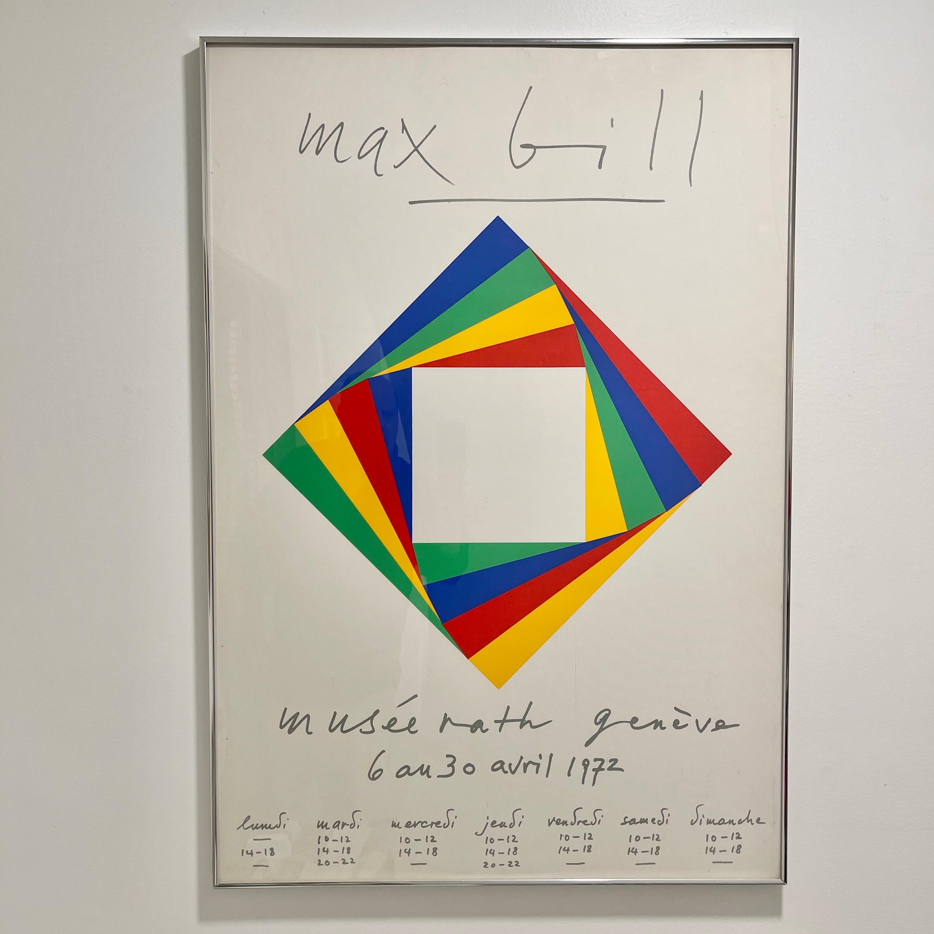Max Bill (1908-1994) Geneva Museum exhibition serigraph, created to accompany the exhibition of works by Max Bill held from 6 April through 30 April 1972 at the Musee Rath in Geneva, Switzerland.
Presented under glass with a silver toned metal