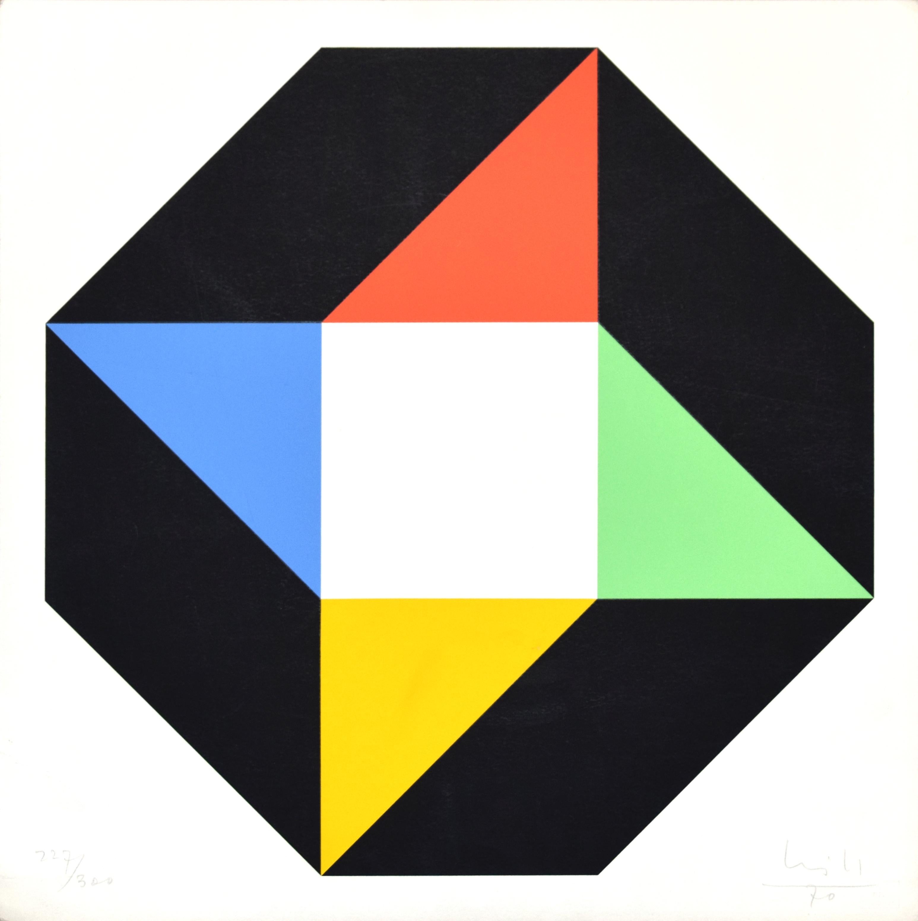 Octagon is a colored serigraph realized in 1970 by Max Bill.
Signed and dated in pencil on lower-right margin, numbered in pencil on lower-left margin. Edition of 300 prints. 
On the lower-left margin there is the dry-stamp "Edizioni del Deposito",